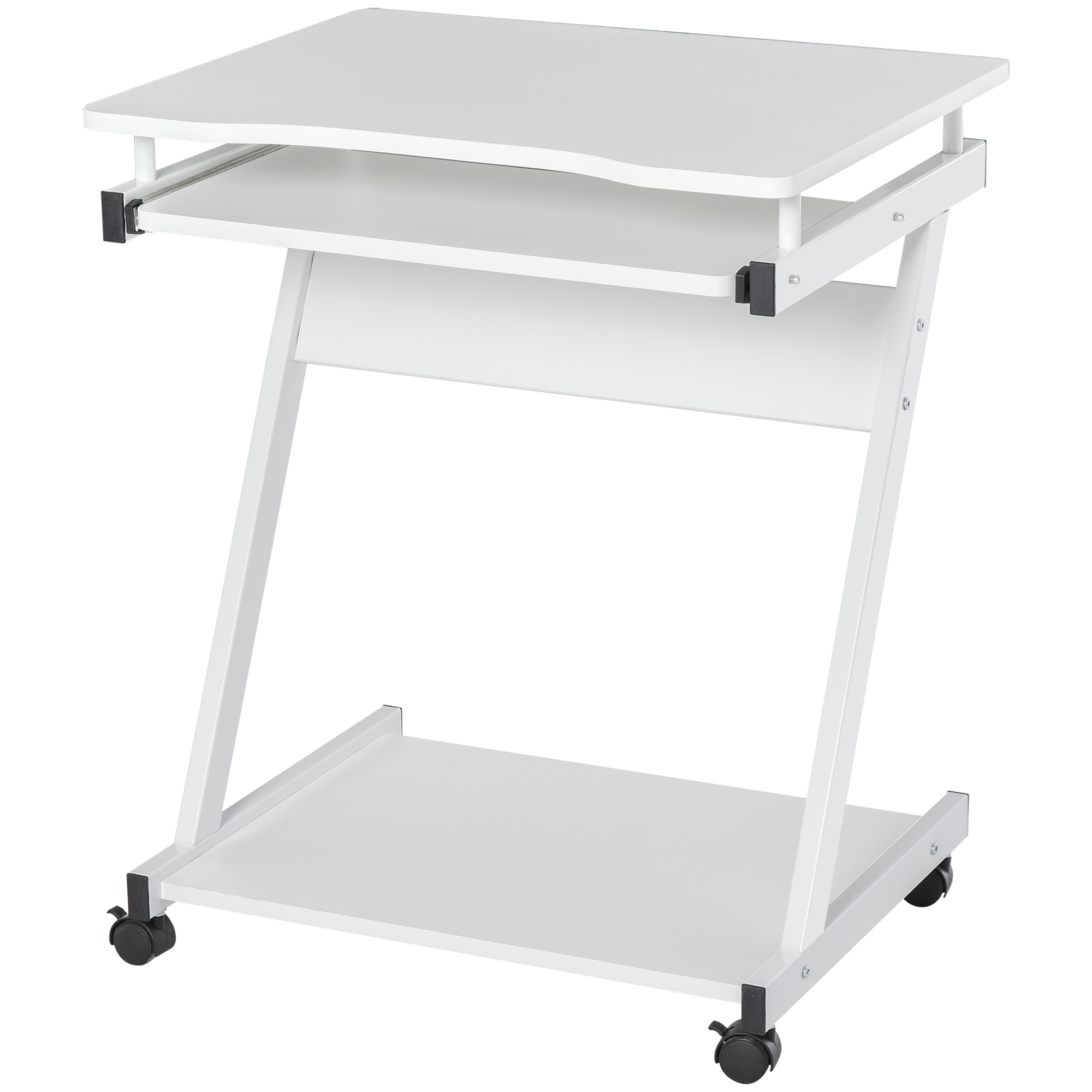 HOMCOM Mesa de Ordenador con Ruedas 60x48 cm con Bandeja Deslizante para Teclado y Estante Inferior Marco Metálico Blanco
