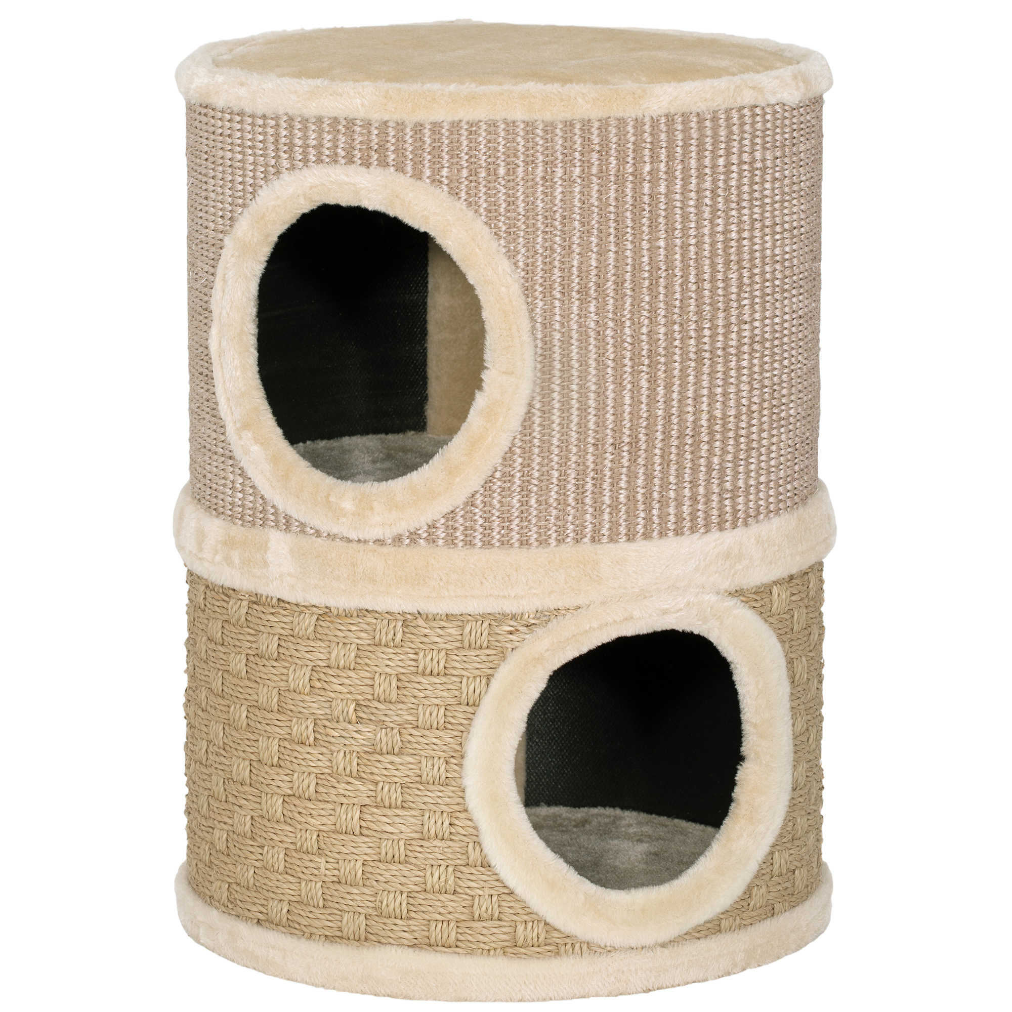 Comparer les prix de PawHut Tonneau à gratter pour chat arbre à chat sisal naturel et herbiers marins recouvert de peluche 35,5x35,5x49cm kaki café