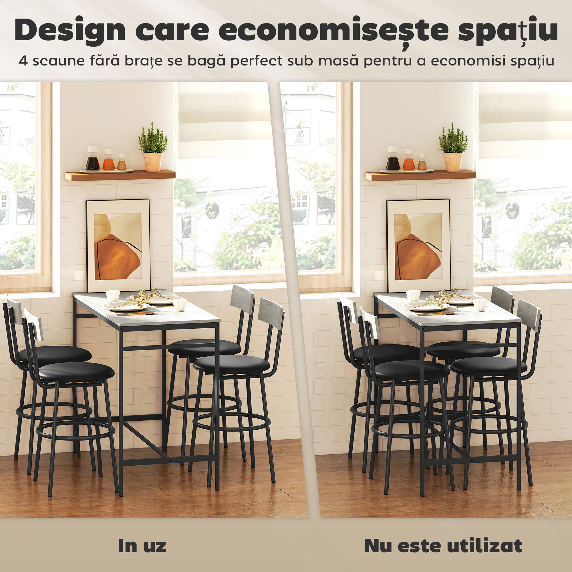  Set masa inalta si 4 scaune de bar cu spatar si suport pentru picioare, stil industrial, gri ciment [5]