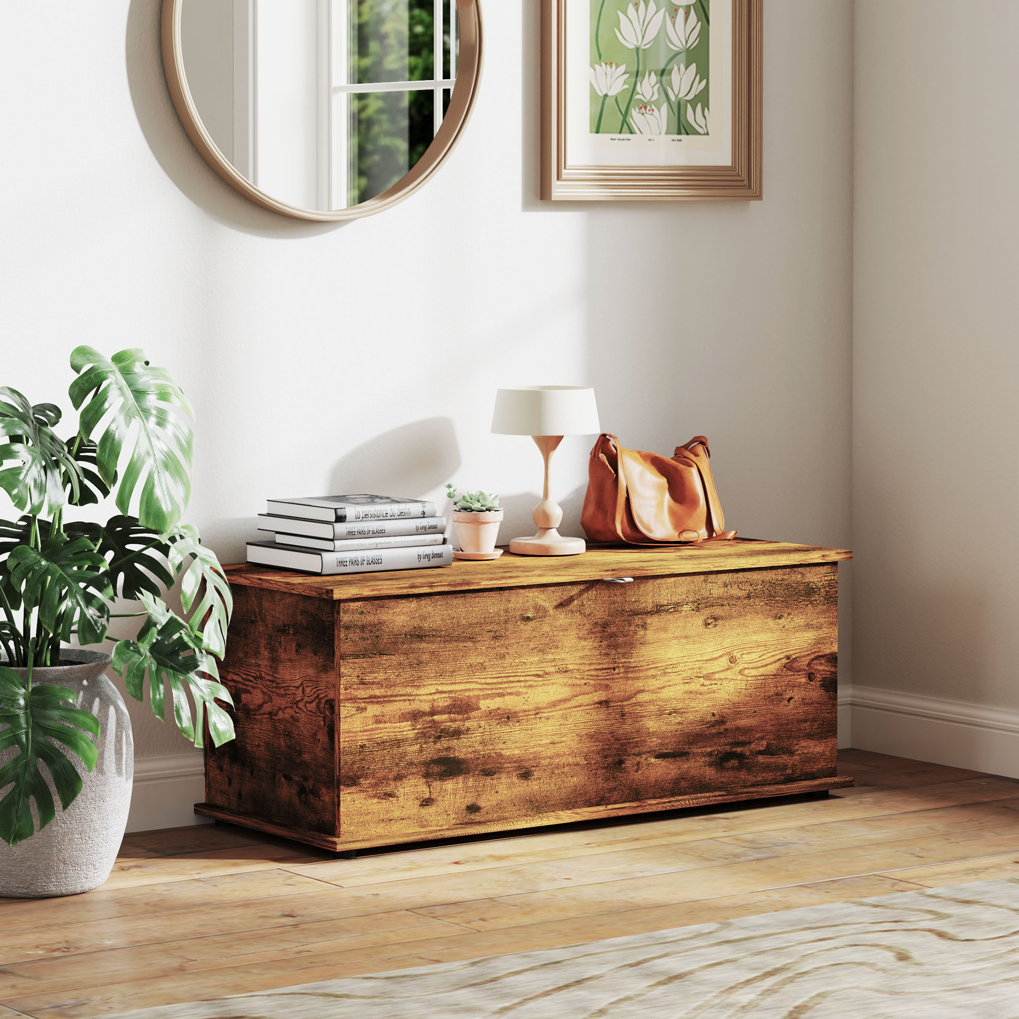 HOMCOM Cassapanca Ottomana In Pelle Sintetica Marrone 92x40x40 Cm | Contenitore Con Coperchio Ribaltabile E Gambe In Legno