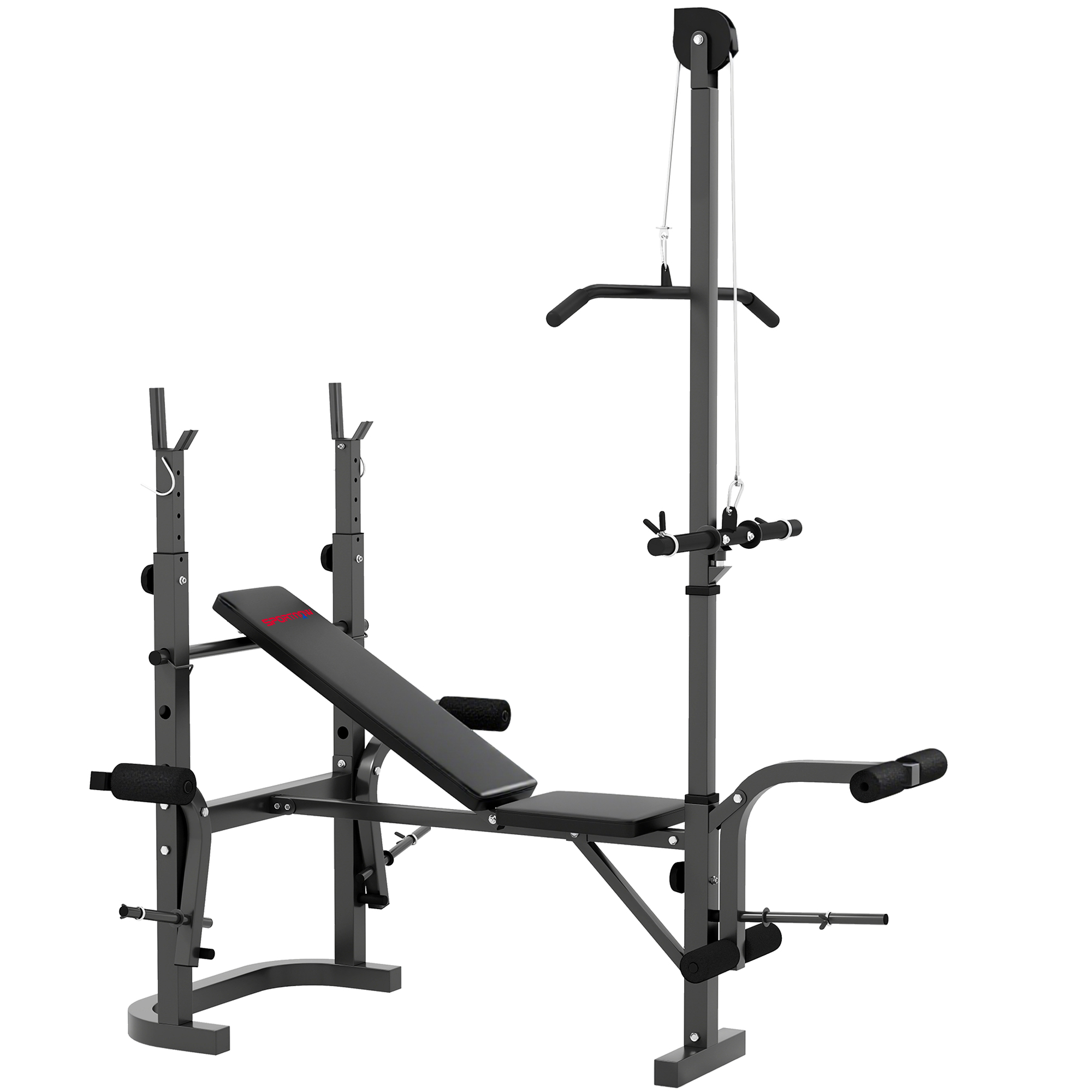 SPORTNOW Banco de Musculación con Soporte para Barra Ajustable Extensión de Piernas Curl de Predicador y Mariposa para Gimnasio