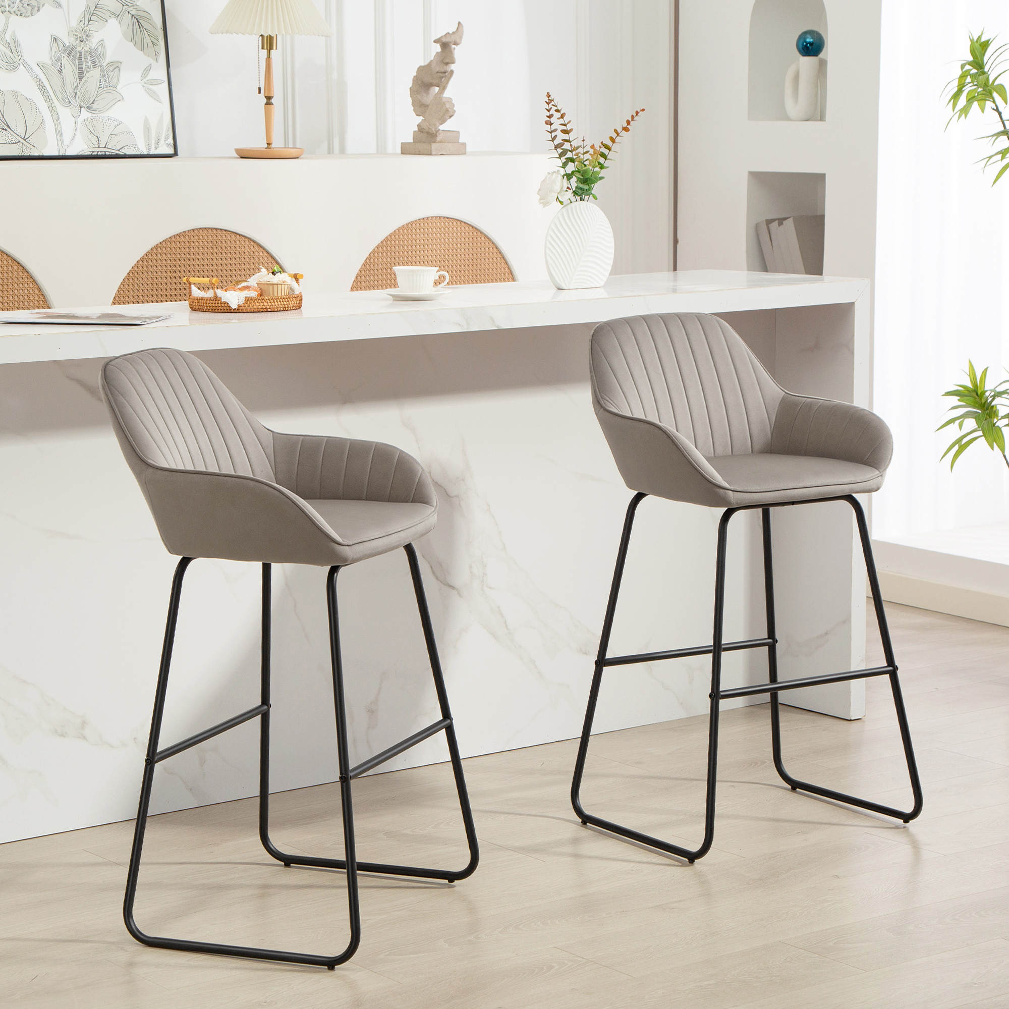 HOMCOM Barhocker 2er Set, Gepolstert Barstuhl mit Fußstütze, Lehne, Samtopt günstig online kaufen