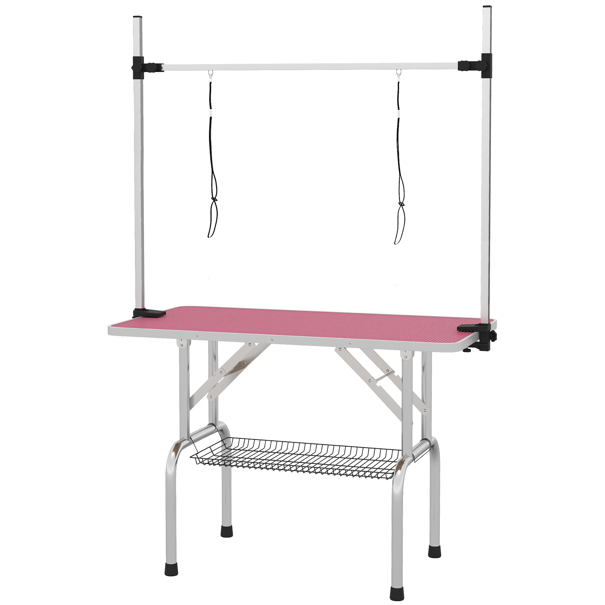 PawHut Mesa de Peluquería Canina Plegable con Cesta Metálica Barra de Acero Inoxidable Ajustable 107x60x164 cm Rosa