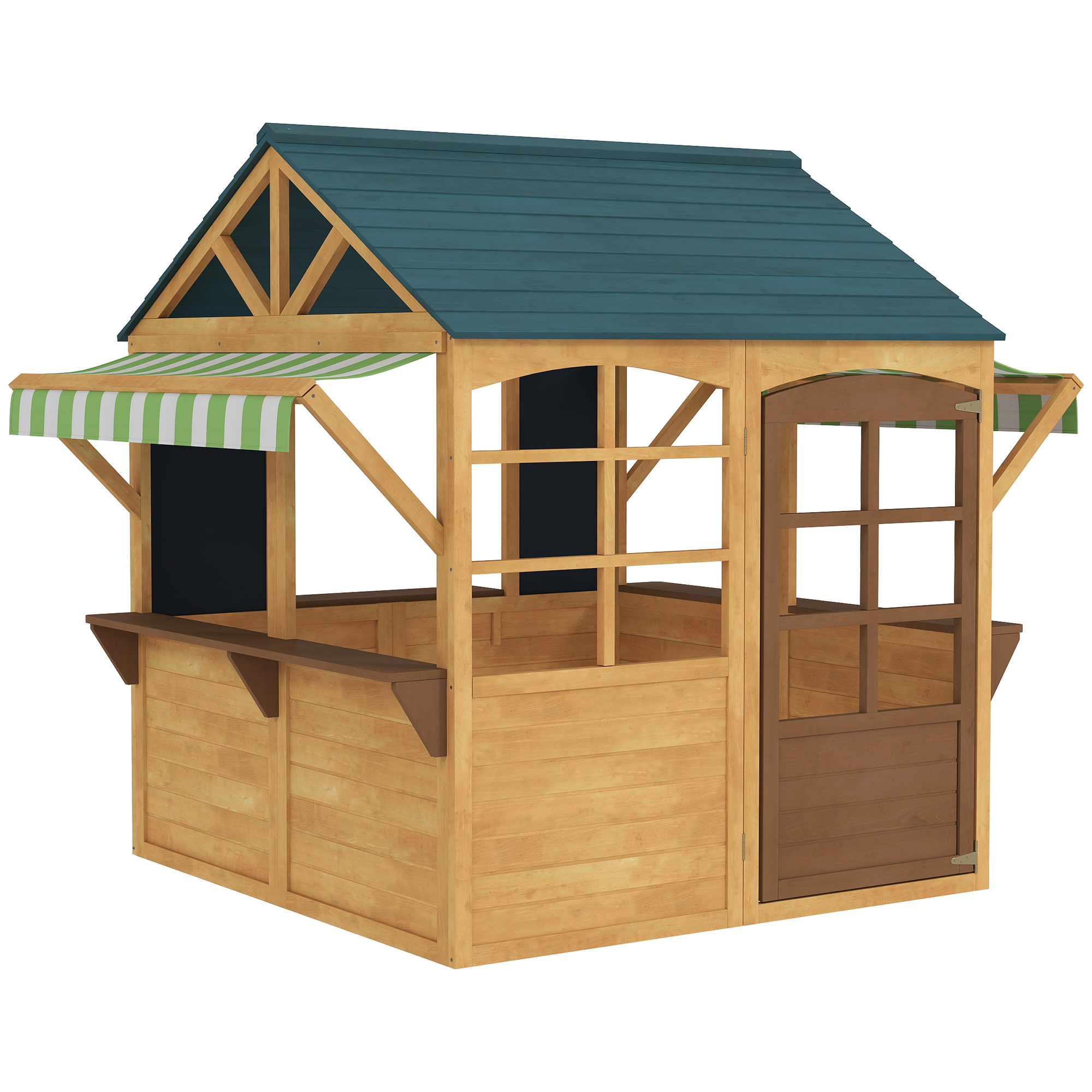 AIYAPLAY Casita de Juegos Infantil de Madera con Ventanas Pizarras Tejado y Toldo 173x117x144 cm Madera Natural