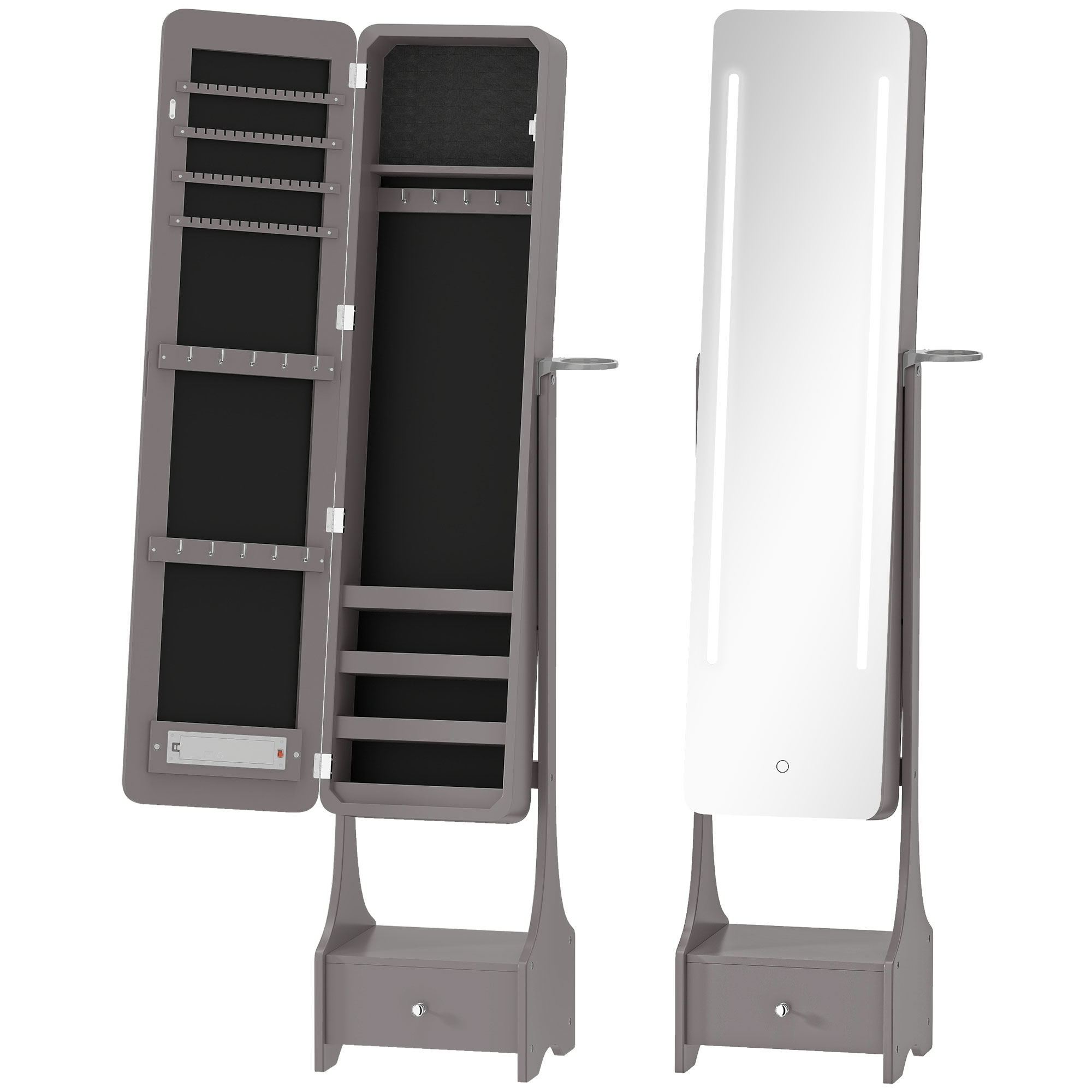 HOMCOM Espejo Joyero con Luces LED Armario Joyero con Espejo Entero de Ángulo Ajustable Cajón Luces Apagado Automático Gris