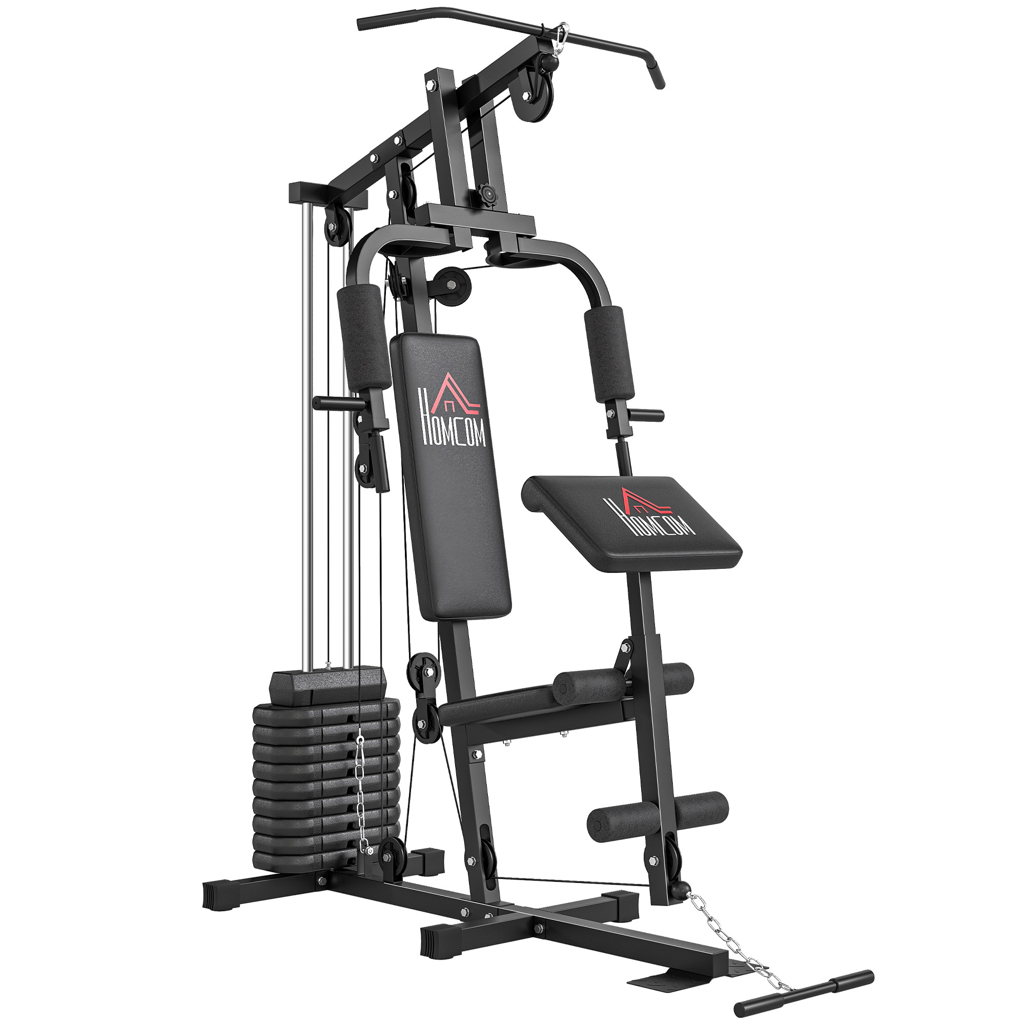 HOMCOM Máquina de Musculación con Pesas Ajustables de 45 kg Prensa de Pecho y Piernas Polea 135x103x210 cm Negro