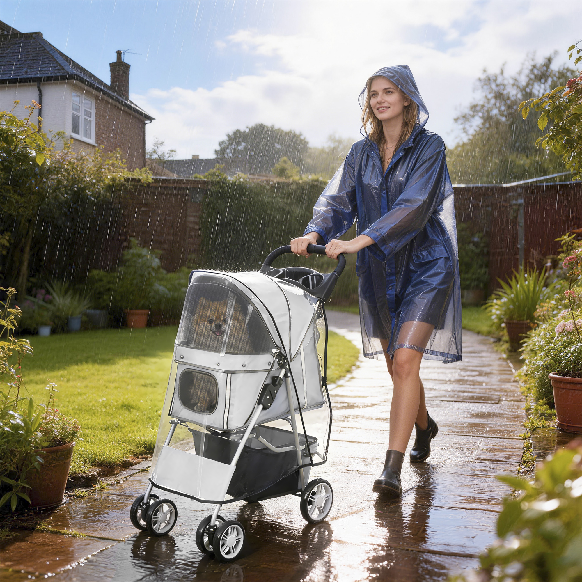 PawHut Hundewagen Hundebuggy Faltbar Katzenwagen bis 10kg mit Regenschutz R günstig online kaufen