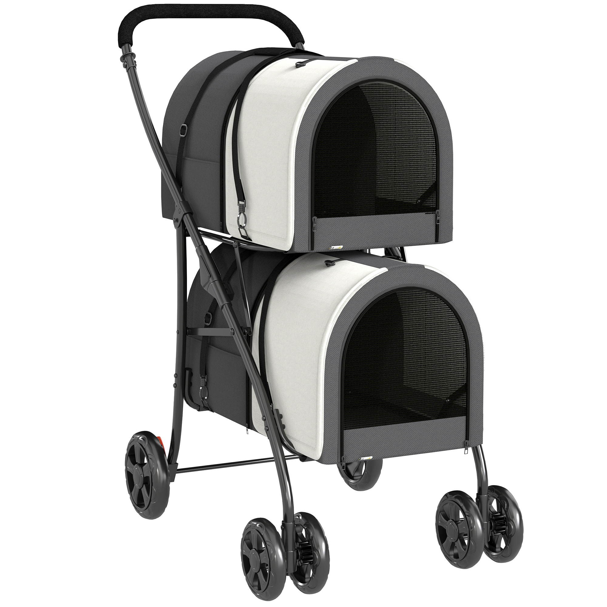 PawHut Carrito Doble para Perros Gatos Plegable con 2 Transportines Extraíbles con Cinturón y Cojines 66x50x98cm Gris Oscuro