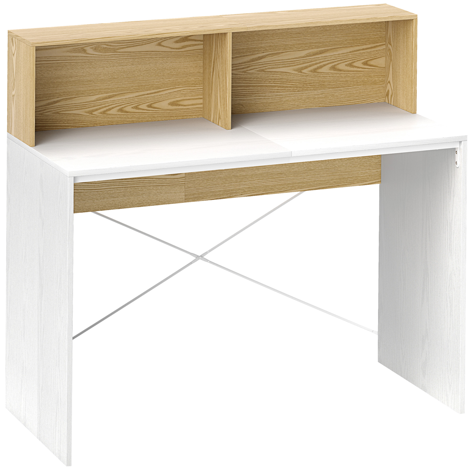 HOMCOM Escritorio 110x50x102,6 cm Mesa de Escritorio con 2 Compartimentos Abiertos y Estante Blanco y Madera Natural | Aosom España