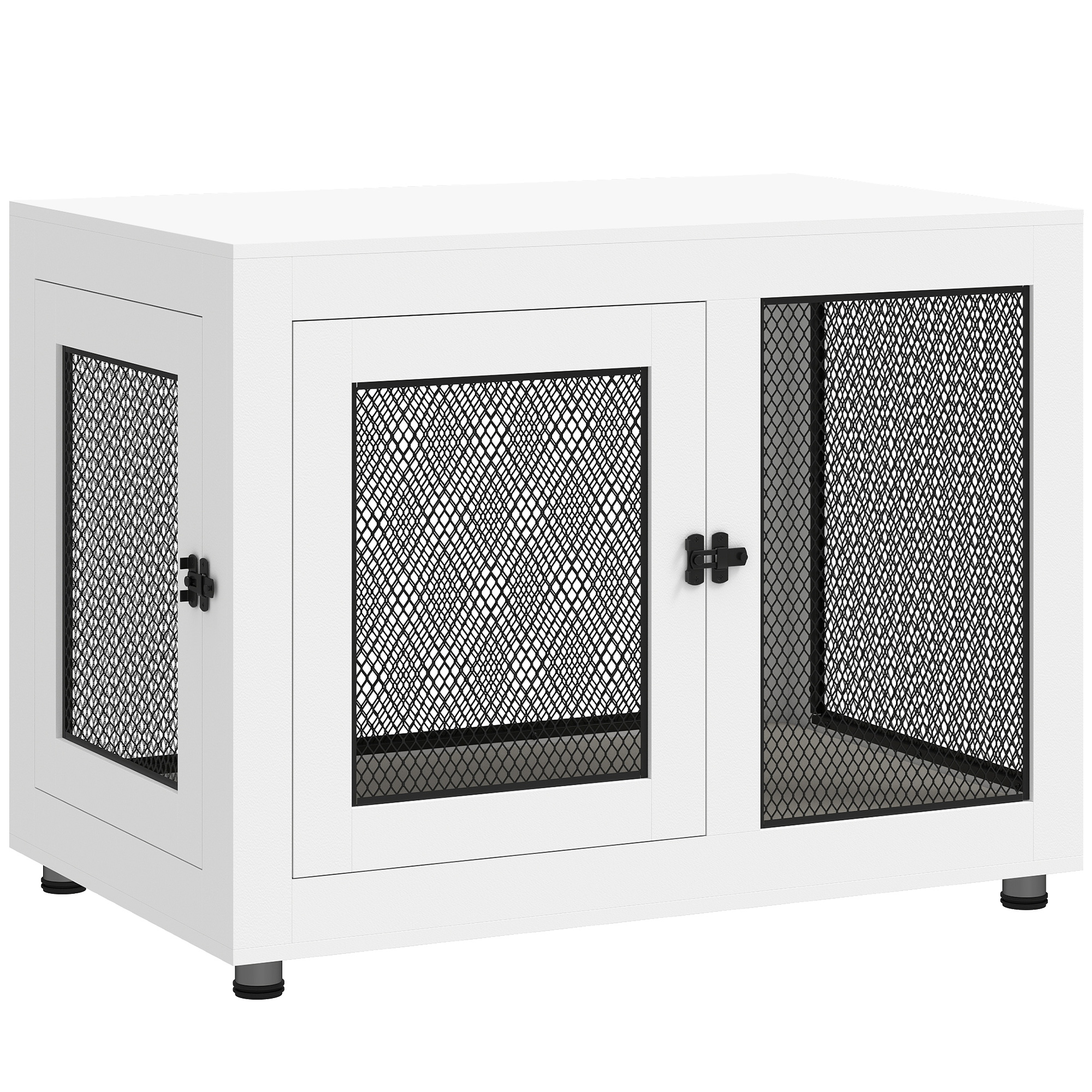 PawHut Jaula para Perros Medianos de Interior Mesa Auxiliar con 2 Puertas con Pestillo y Cojín 94x60x71,5 cm Blanco | Aosom España