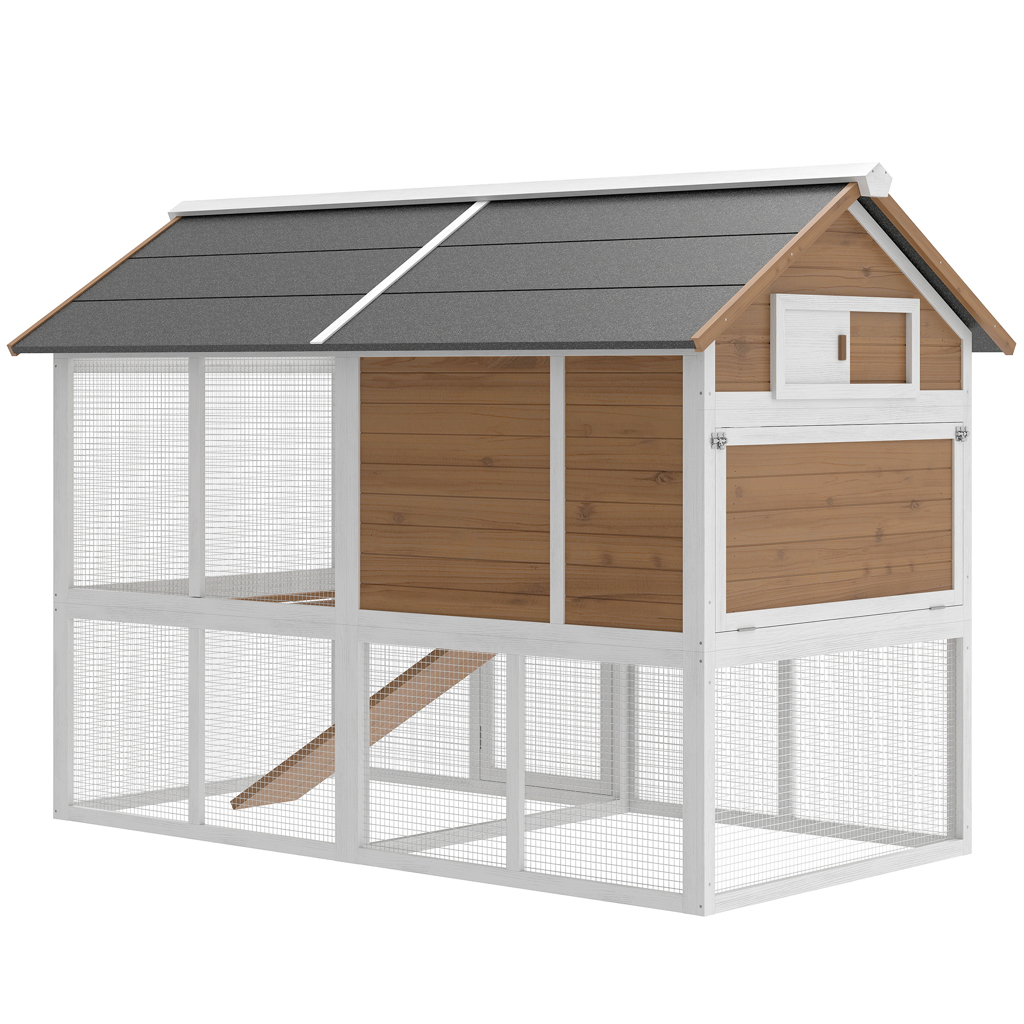 PawHut Poulailler avec enclos, nichoir, plateau extractible, toit en asphalte pour 4 poules 200x104x145cm bois Marron