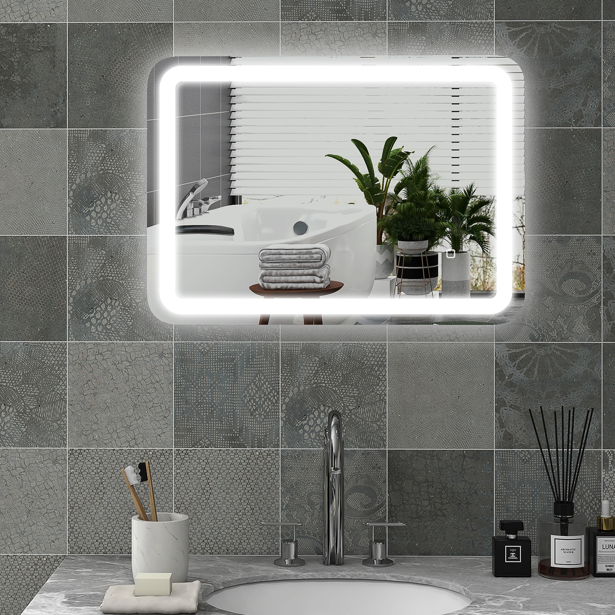 HOMCOM Badspiegel mit Beleuchtung 70 x 90 cm LED Spiegel mit 3 Lichtfarben günstig online kaufen