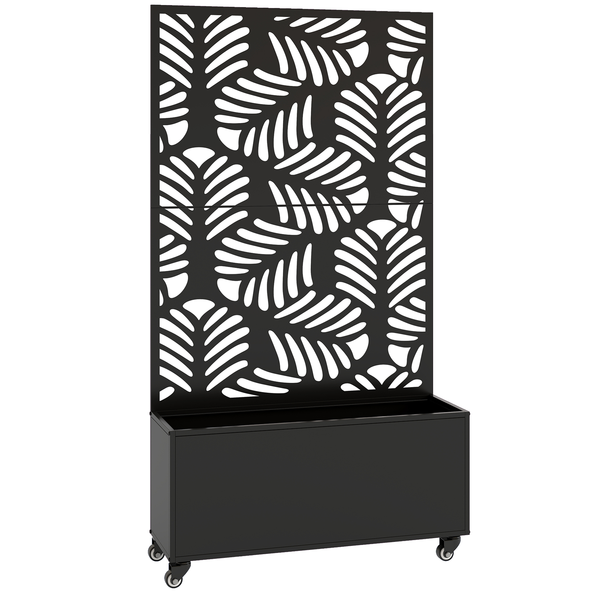 Outsunny Jardinera Exterior Grande con Ruedas Pantalla de Privacidad de Hojas de Monstera Marco Metal 90x30x160 cm Negro
