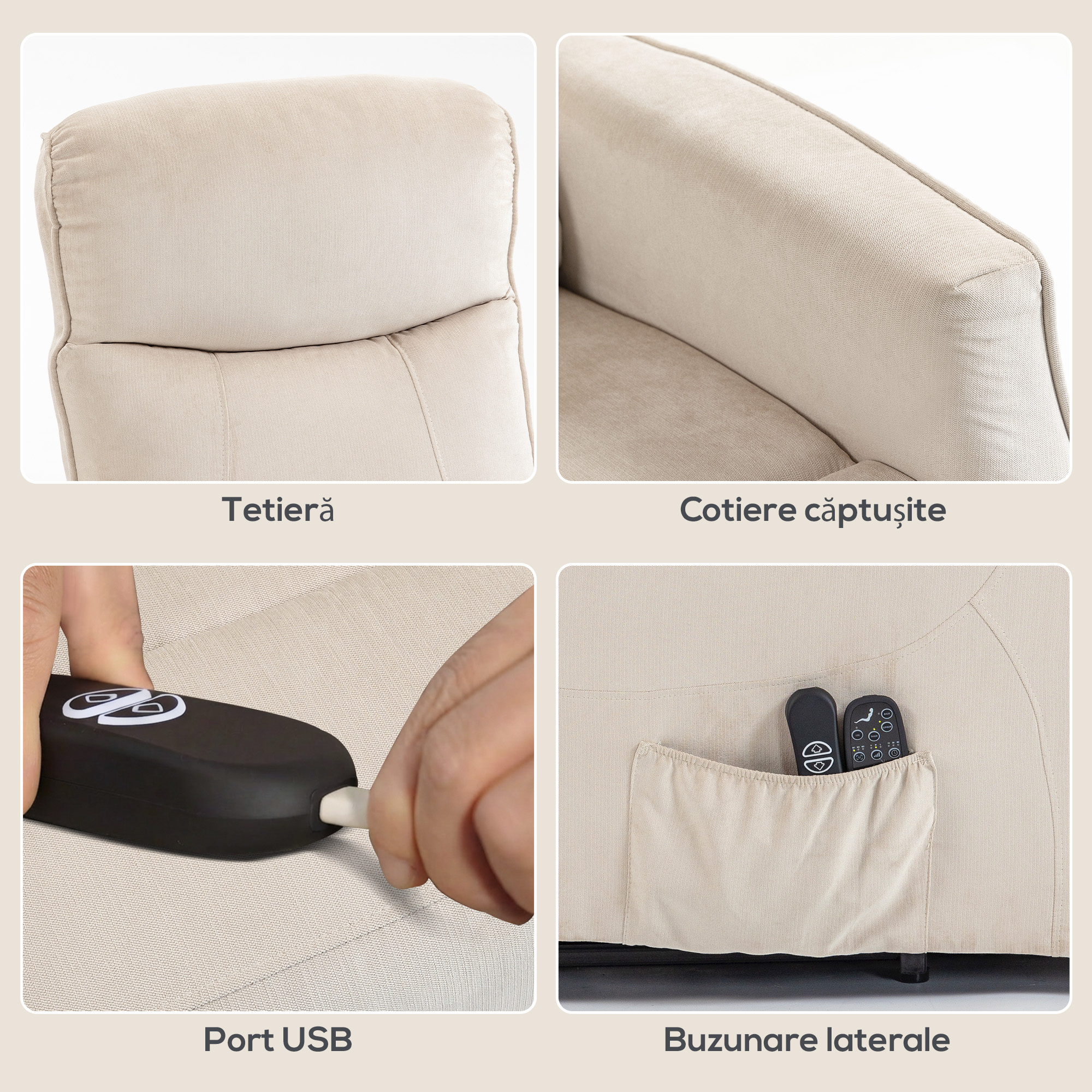  Fotoliu Electric cu Ridicare, Fotoliu Relax cu Masaj si incalzire, Bej [6]