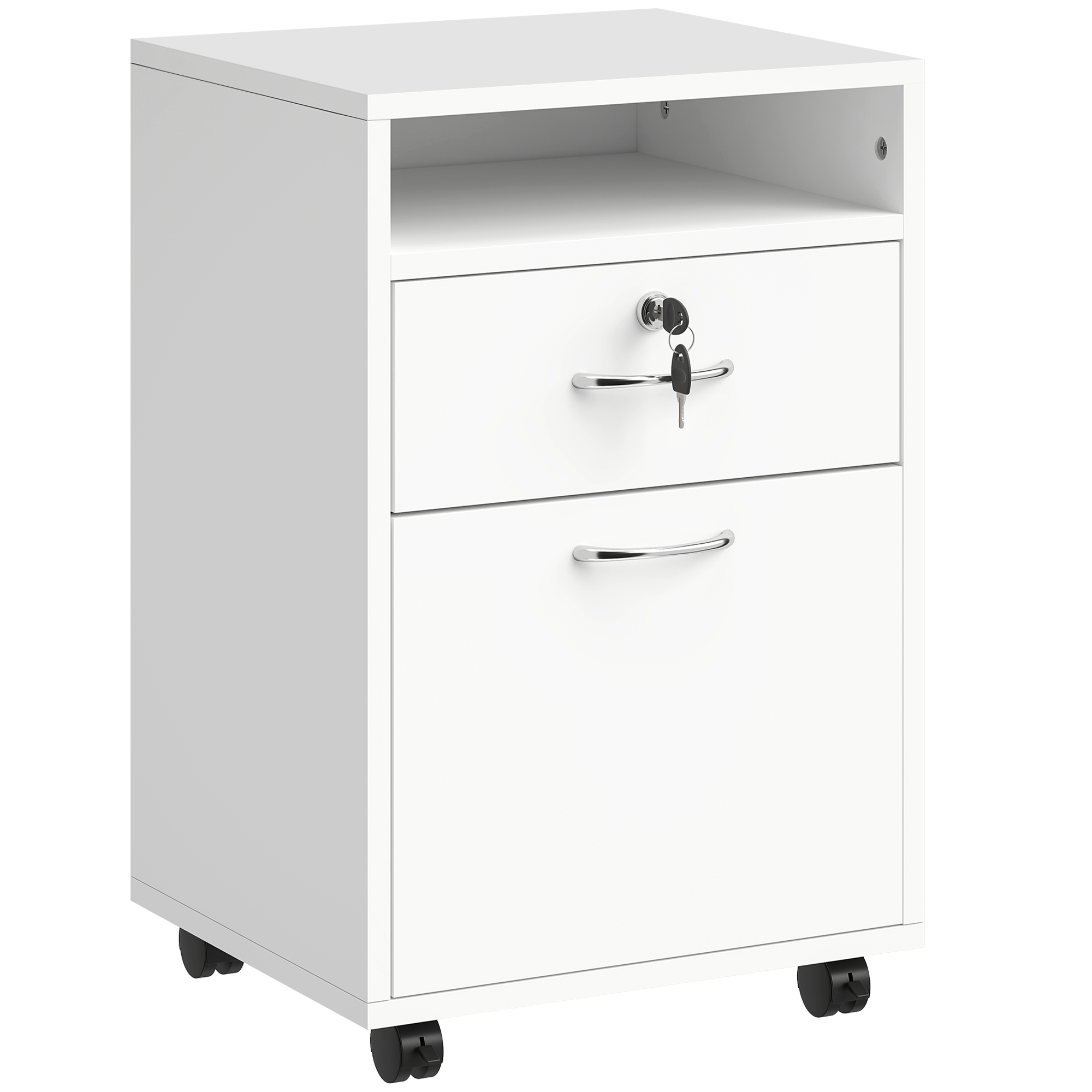 HOMCOM Cajonera Oficina Móvil con 4 Ruedas 2 Frenos Cajón con Cerradura Estante Abierto Armario 40x35x60cm Blanco Práctica | Aosom España