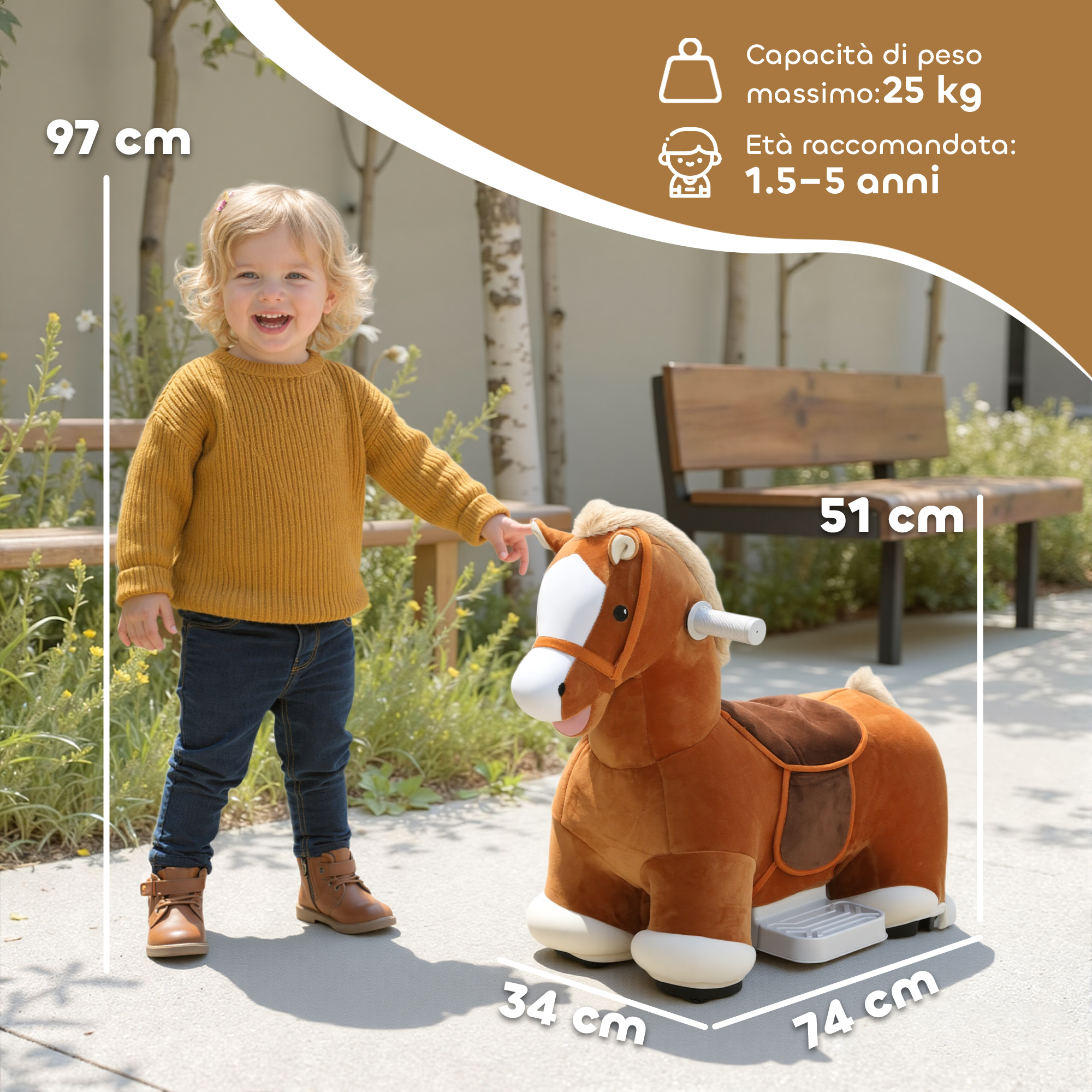 Cavallo Elettrico AIYAPLAY Per Bambini 1.5-5 Anni | Peluche Con Pedale, Rotelle E Musica – Batteria 6V, 40 Minuti Di Divertimento