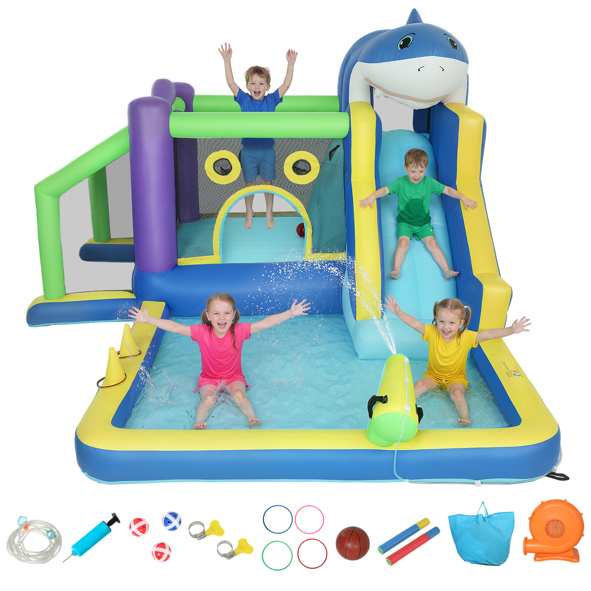 AIYAPLAY Château gonflable 8-in-1 design requin avec souffleur toboggan piscine trampoline pour 3-8 ans 405x345x235cm Multicolore
