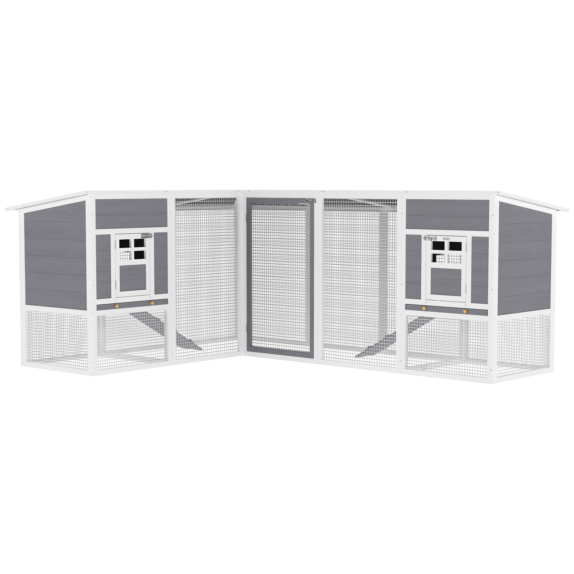 PawHut Gallinero de Madera Grande Exterior en L para Esquina con 2 Nidos Corral Bandejas Extraíbles 251x192x103 cm Gris