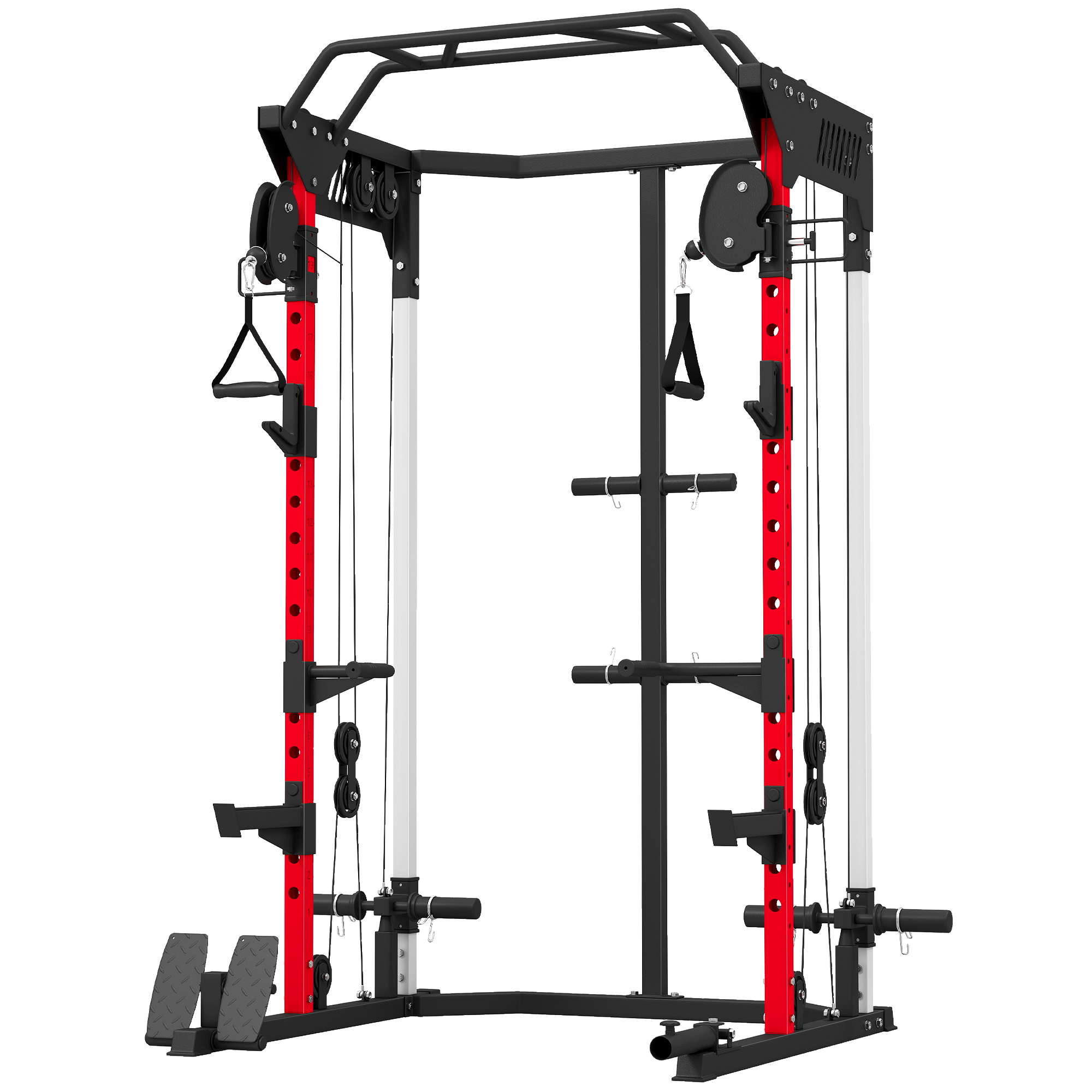 SPORTNOW Jaula de Potencia Smith Machine, Rack para Sentadillas con Sistema Polea Ajustable Barra Dominadas y Estación de Fondos