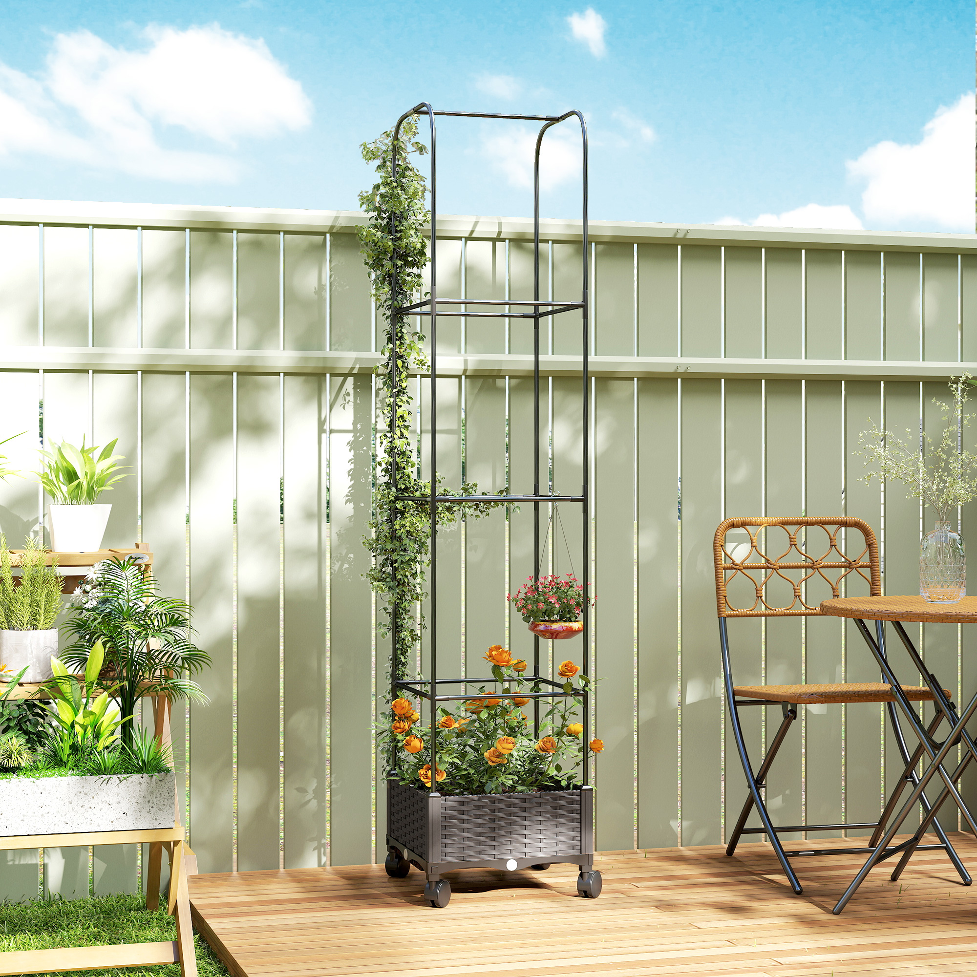 Outsunny Hochbeet mit Rankgitter mobiler Blumenkasten mit Rolle Abflussloch günstig online kaufen