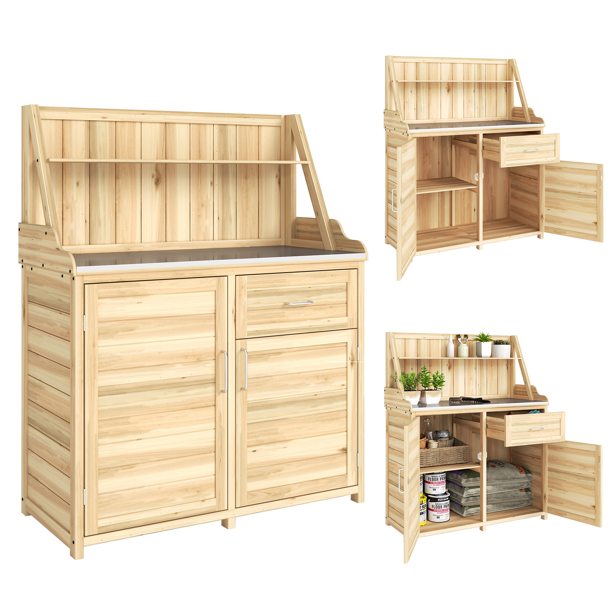 Outsunny Armario de Jardín en Madera con Superficie de Trabajo en Metal Galvanizado Cajón y Estantería 100x45x129,5cm Natural