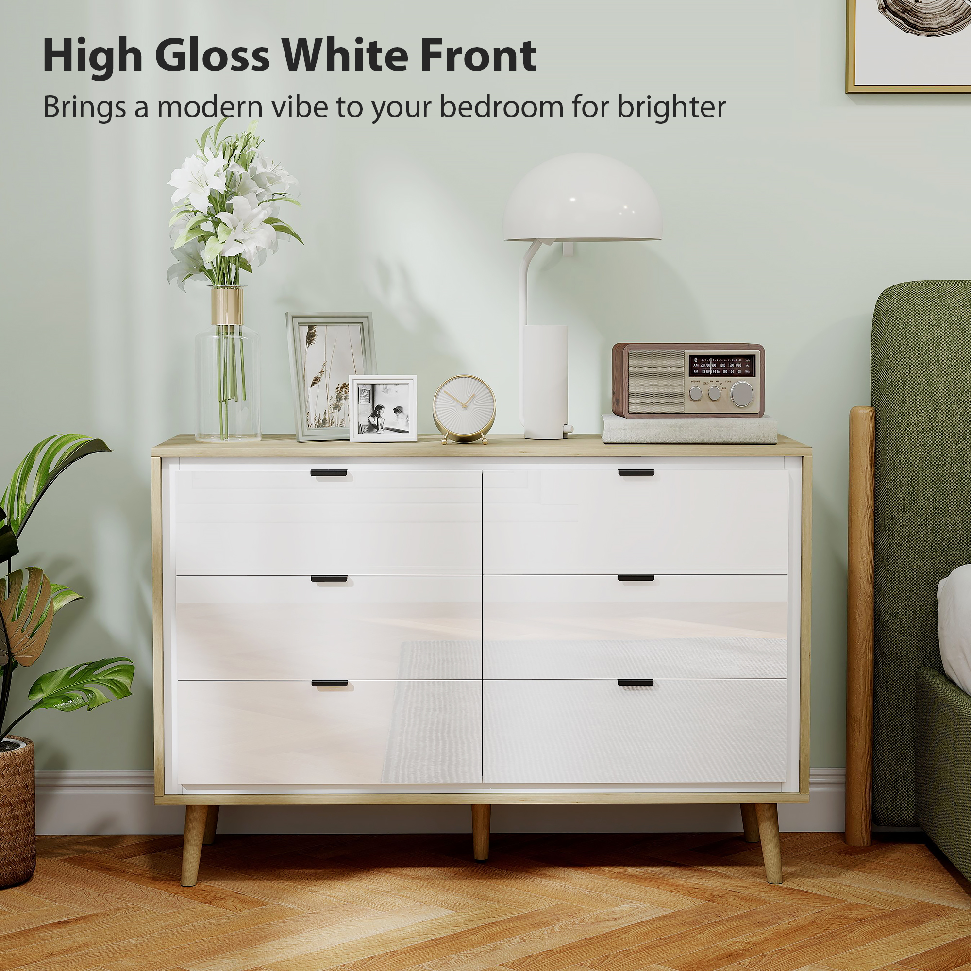  Comoda cu 6 Sertare din Lemn pentru Dormitor, 110x40x75 cm, Alb Lucios si Stejar [4]