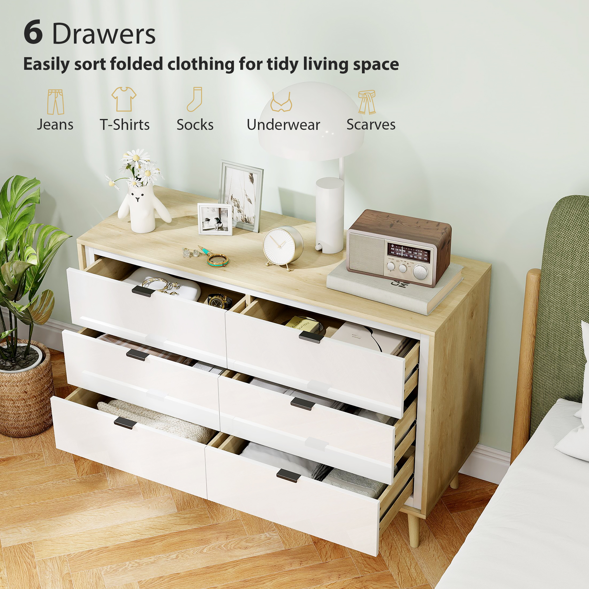  Comoda cu 6 Sertare din Lemn pentru Dormitor, 110x40x75 cm, Alb Lucios si Stejar [3]