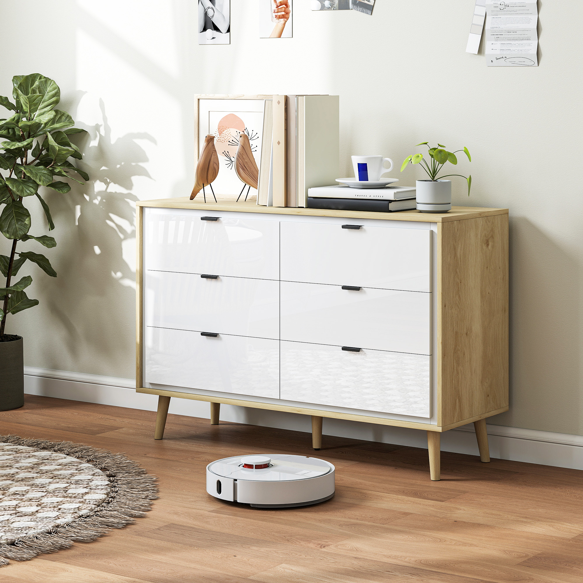  Comoda cu 6 Sertare din Lemn pentru Dormitor, 110x40x75 cm, Alb Lucios si Stejar [7]