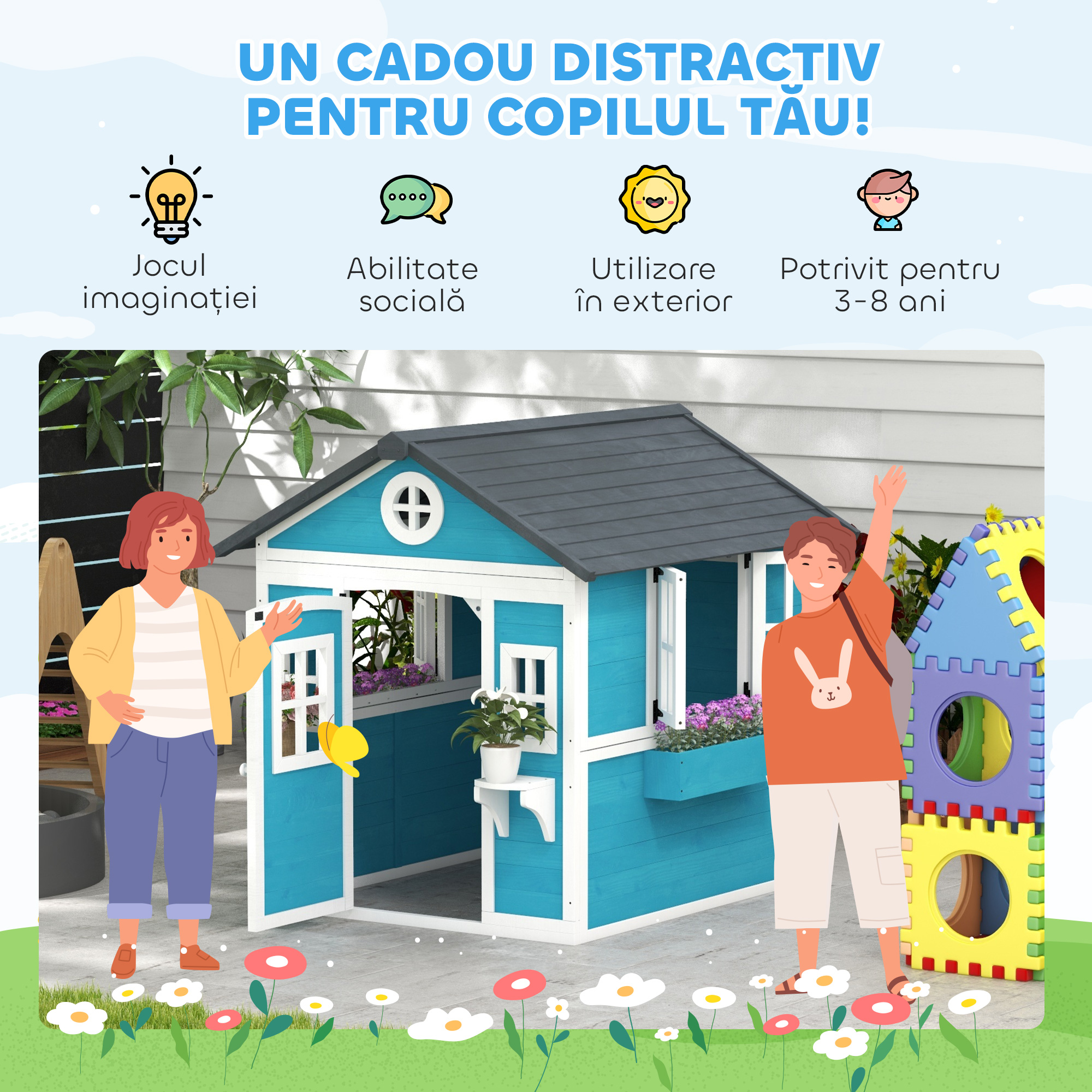 Outsunny Casuta de Joaca din Lemn pentru Copii pentru Exterior