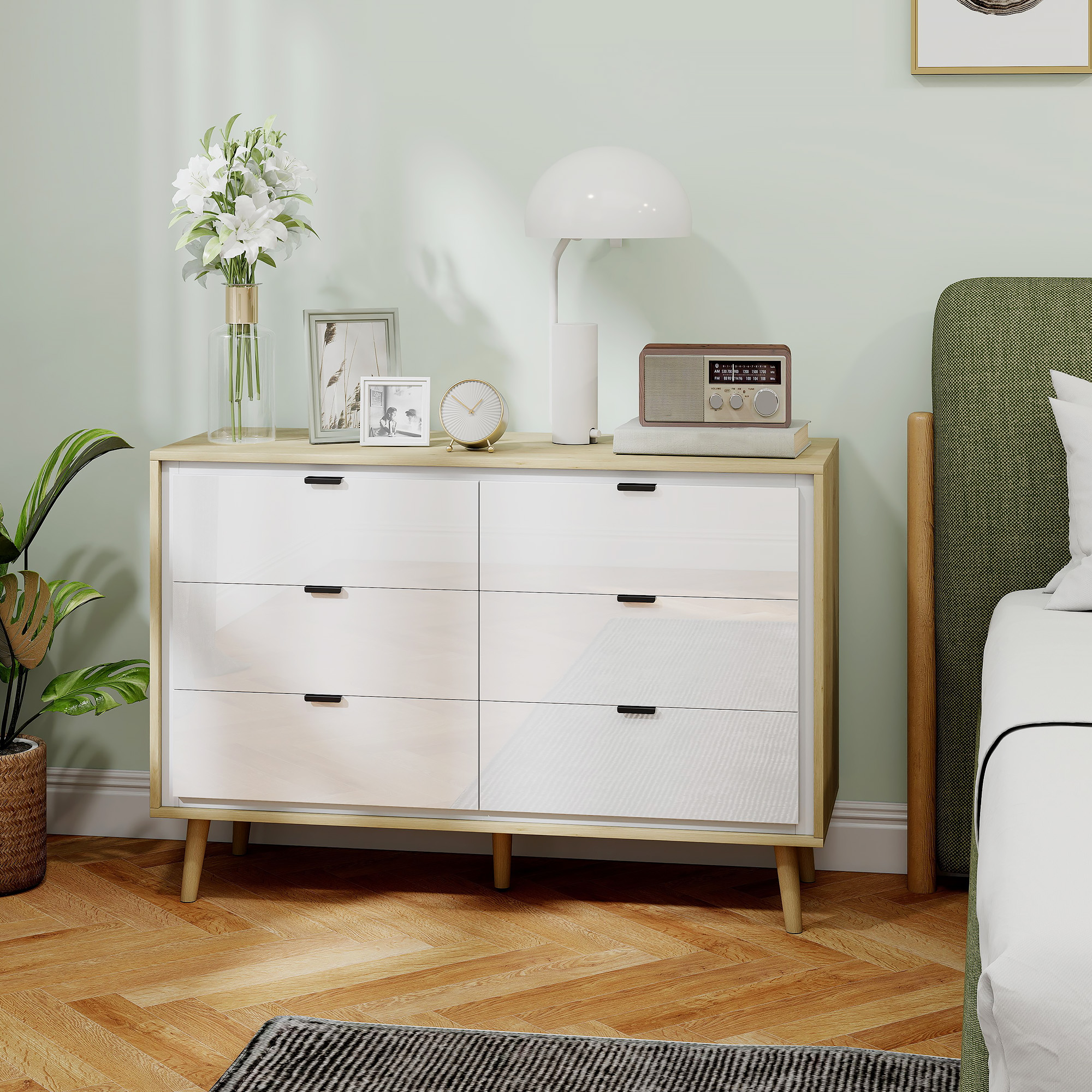  Comoda cu 6 Sertare din Lemn pentru Dormitor, 110x40x75 cm, Alb Lucios si Stejar [8]