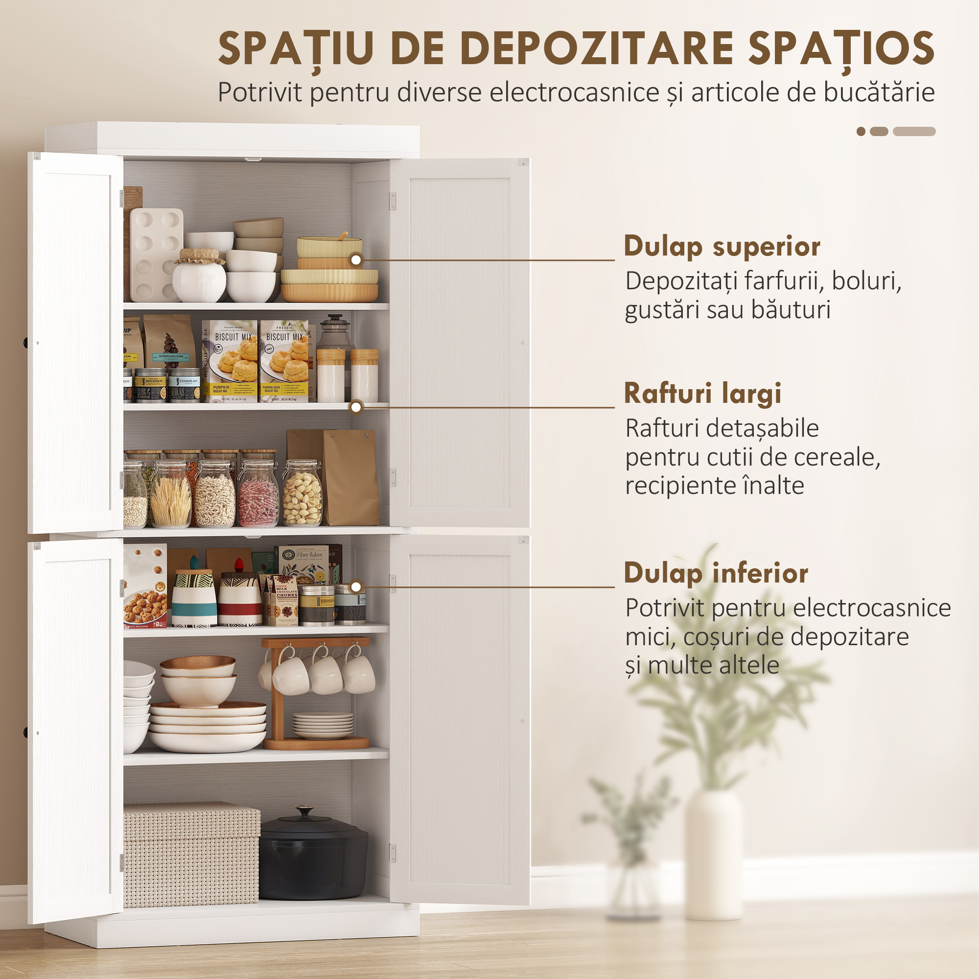  Dulap inalt de Bucatarie cu 6 Rafturi Reglabile si 2 Usi din Lemn, 76x40.5x184 cm, Alb [3]