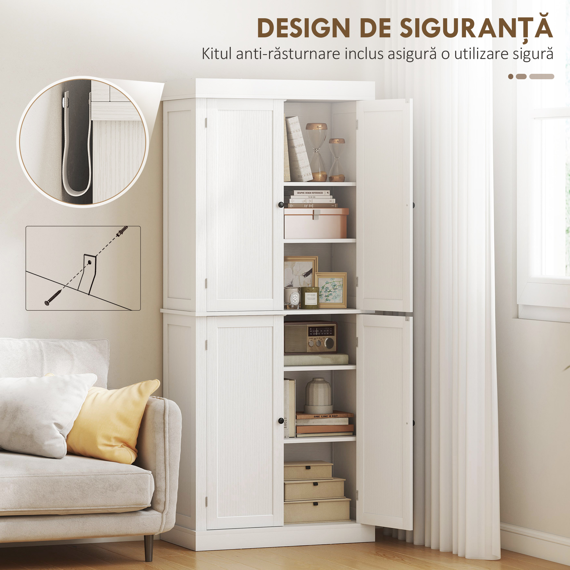  Dulap inalt de Bucatarie cu 6 Rafturi Reglabile si 2 Usi din Lemn, 76x40.5x184 cm, Alb [5]