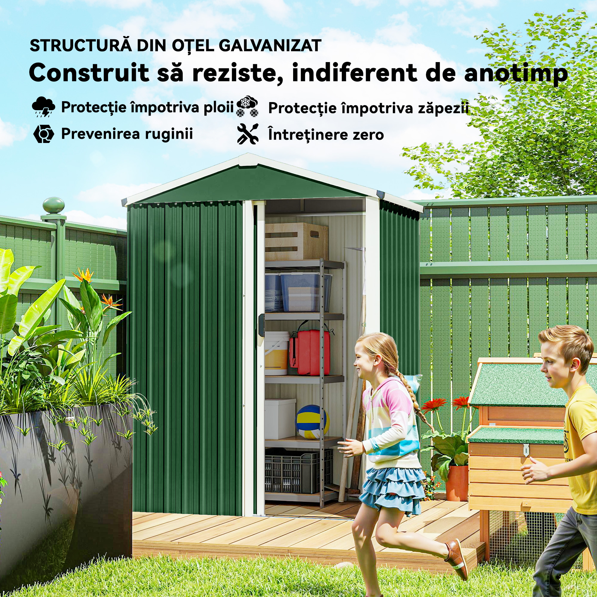  Casuta de Gradina 1.1m² din Otel Galvanizat, Casuta de Depozitare cu Usa Glisanta Blocabila, Acoperis inclinat, Manusi, Casuta de Unelte, 136x87x179 cm, Verde [3]