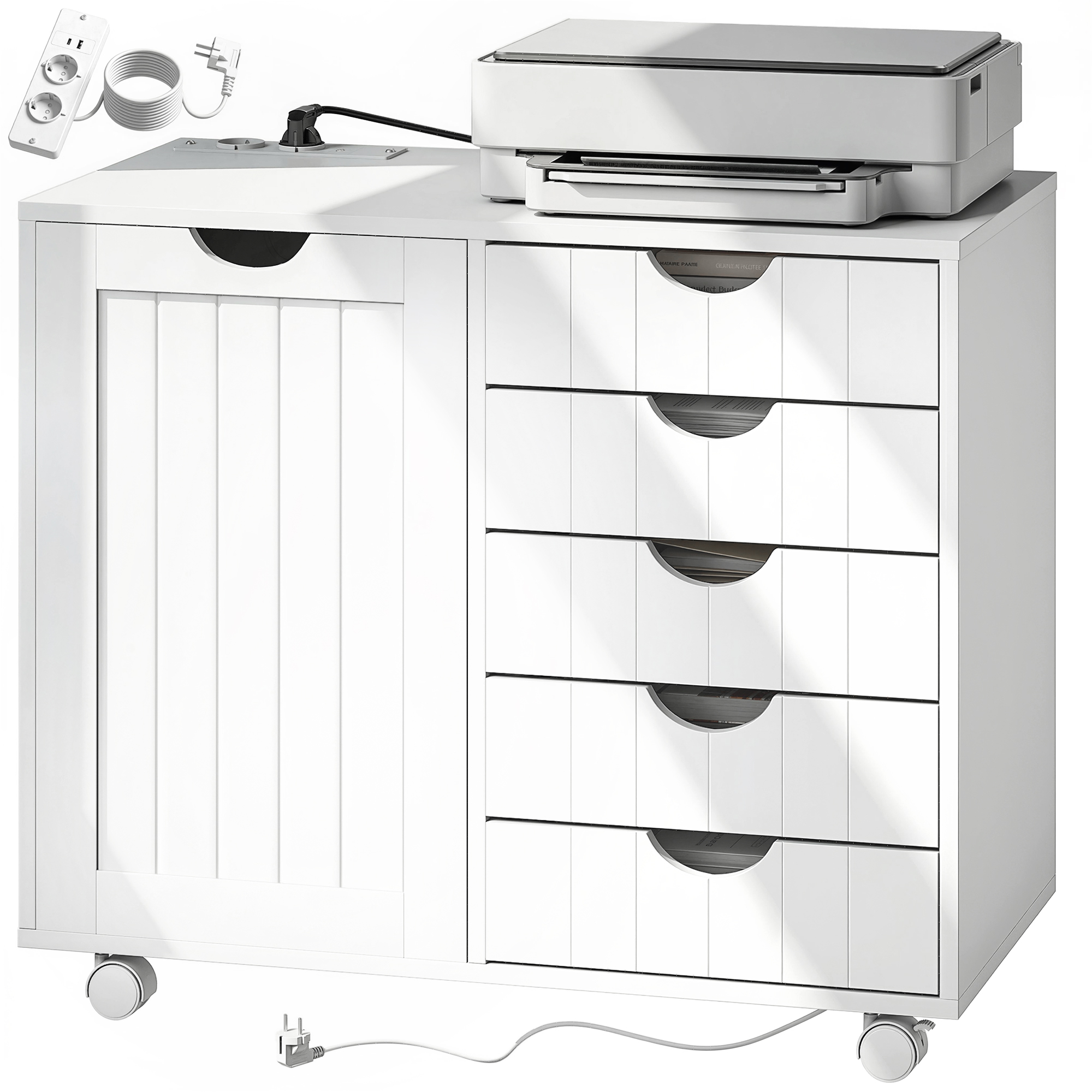 HOMCOM Meuble pour Imprimante avec Station de Charge et Roulettes 5 Tiroirs Ports USB Étagère Réglable Blanc