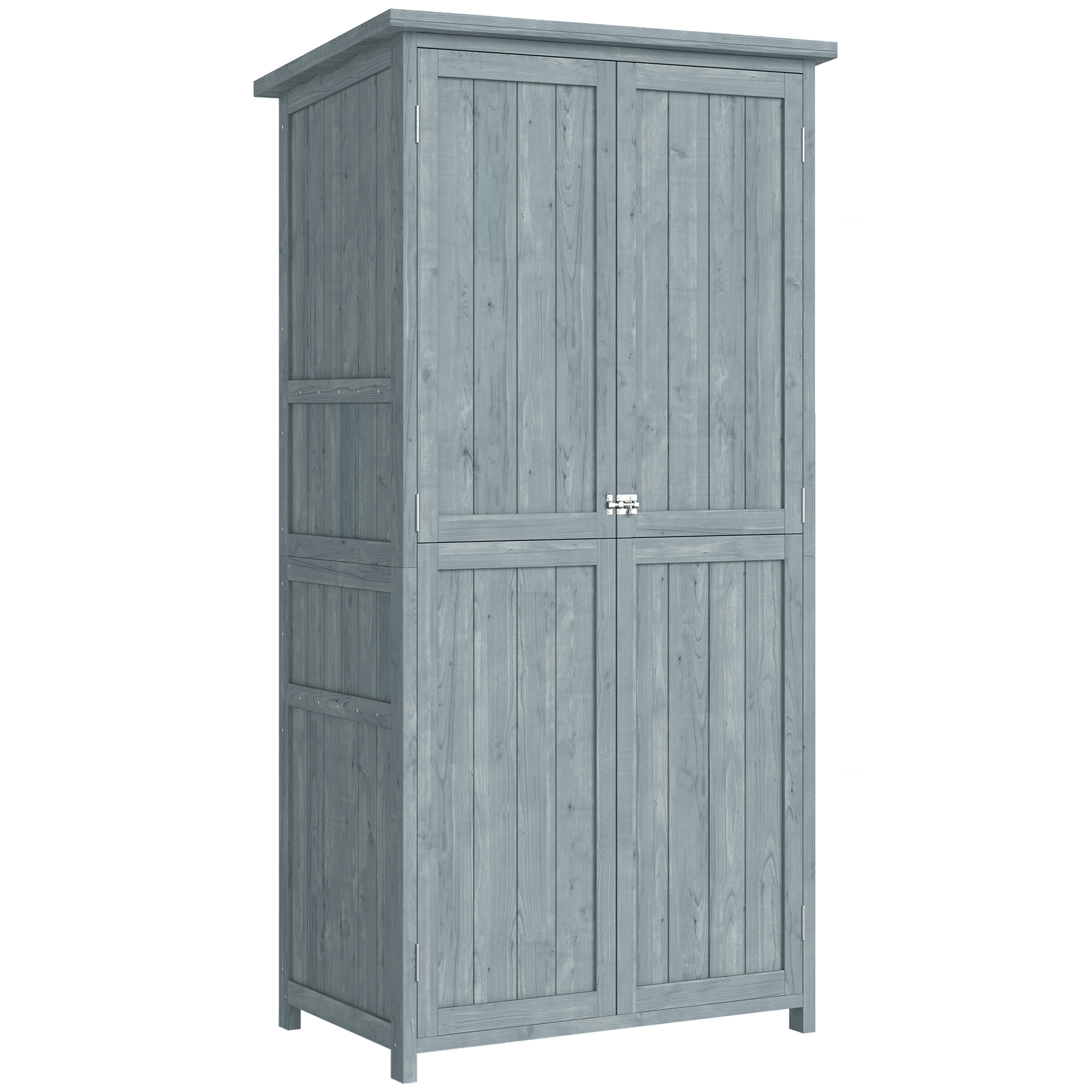 Outsunny Armario de Exterior de Madera con Techo Inclinado Asfalto 2 Puertas con Pestillo Estante y Ganchos 85x54x170 cm Gris