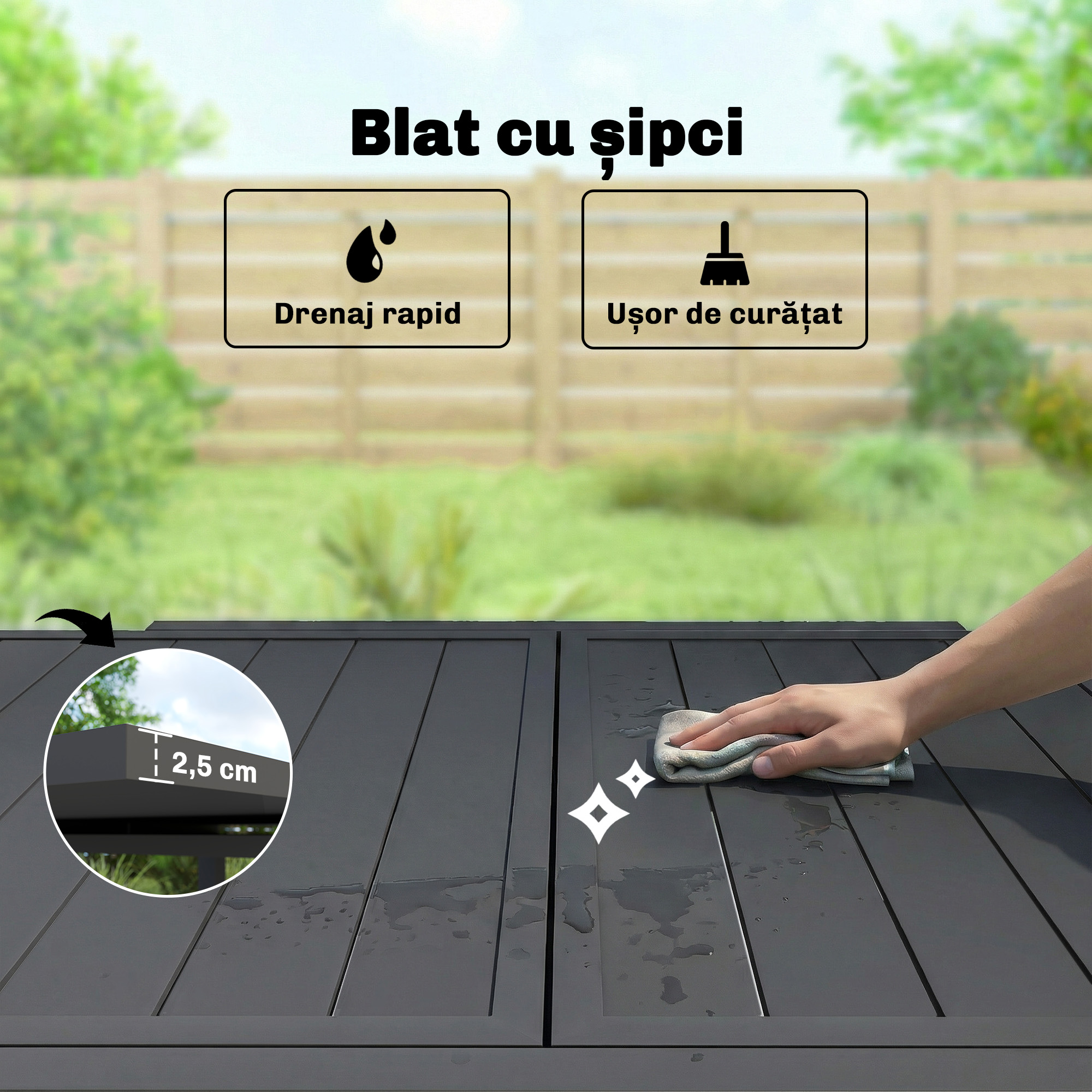  Masa de Gradina Extensibila pentru 4-6 Persoane 80/160x80 cm, Masa de Pranz pentru Exterior din Aluminiu cu Blat Lamelar, pentru Terasa, Balcon, Negru [5]