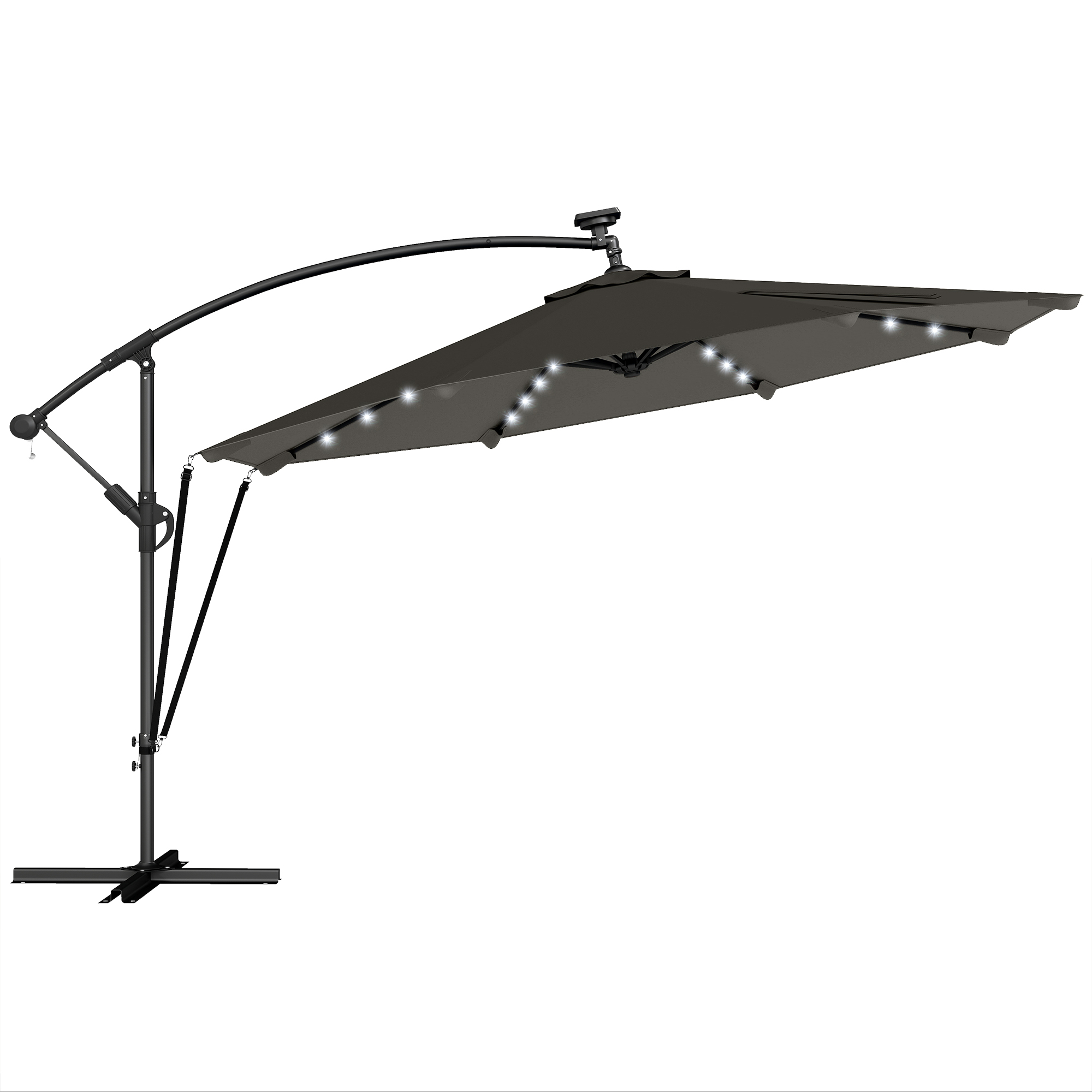 Outsunny Parasol Excéntrico con Luces LED Solares Ø345 cm Sombrilla Jardín de Aluminio con Base Cruzada Manivela Funda Gris