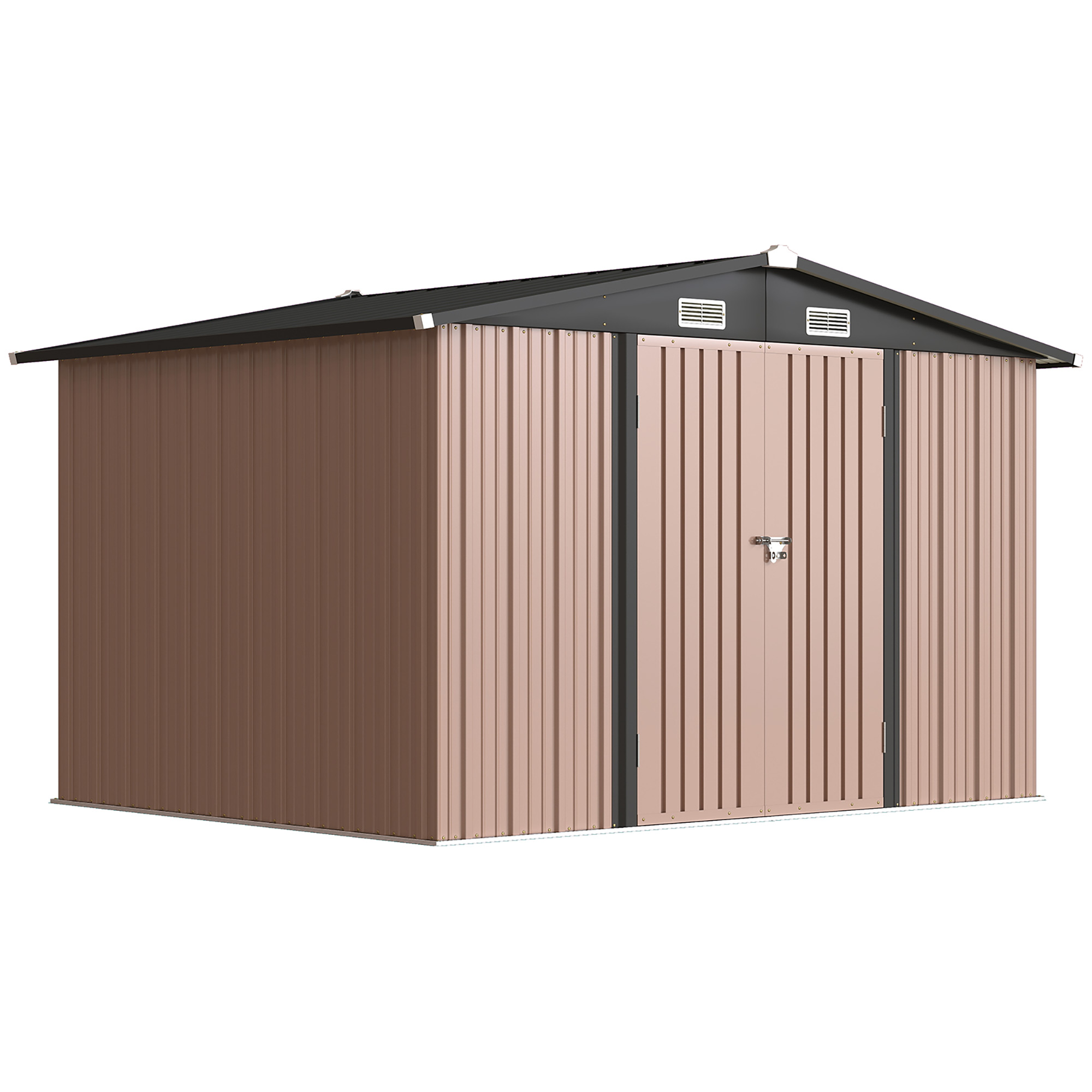 Outsunny Magazie Metalică 305 x 245 cm, Căsuță de Grădină Rezistentă cu 4 Guri de Aerisire și Uși Duble cu Încuietoare, Maro | Aosom Romania