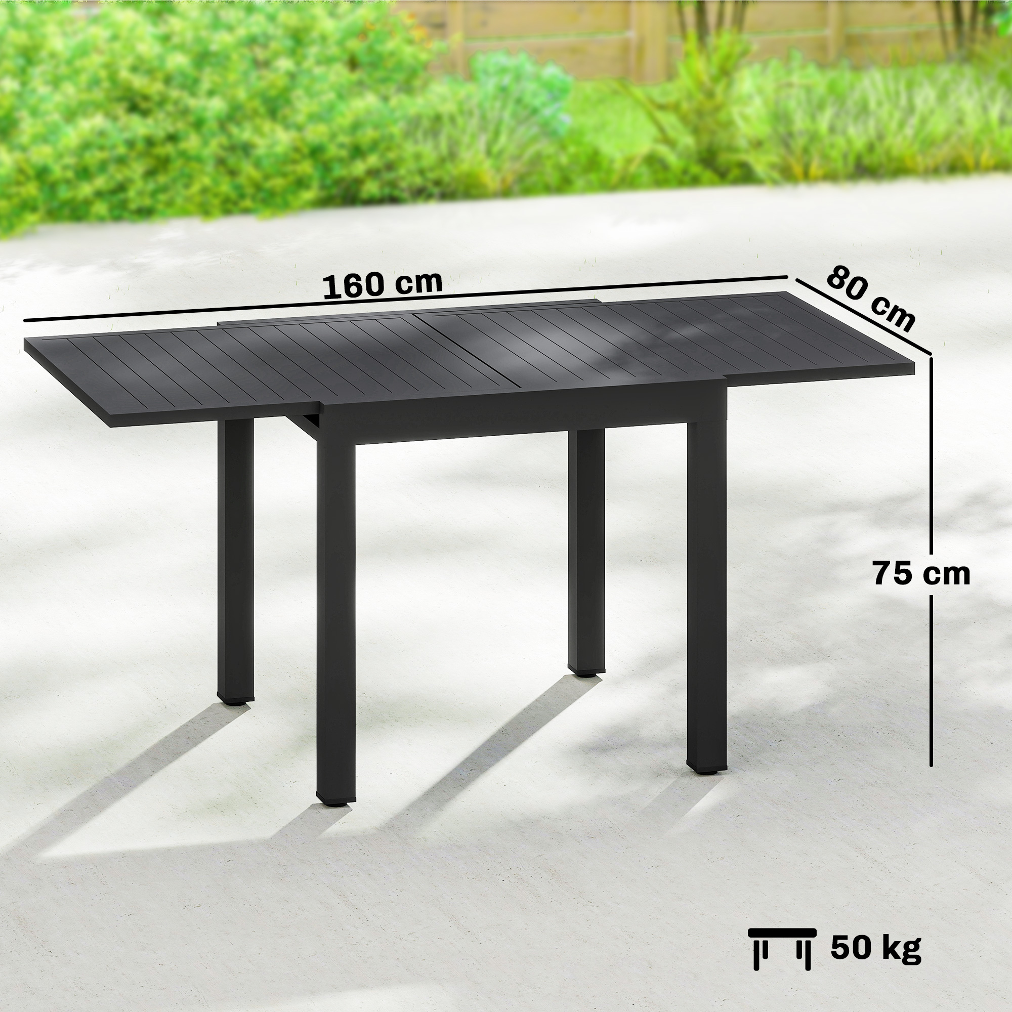  Masa de Gradina Extensibila pentru 4-6 Persoane 80/160x80 cm, Masa de Pranz pentru Exterior din Aluminiu cu Blat Lamelar, pentru Terasa, Balcon, Negru [2]