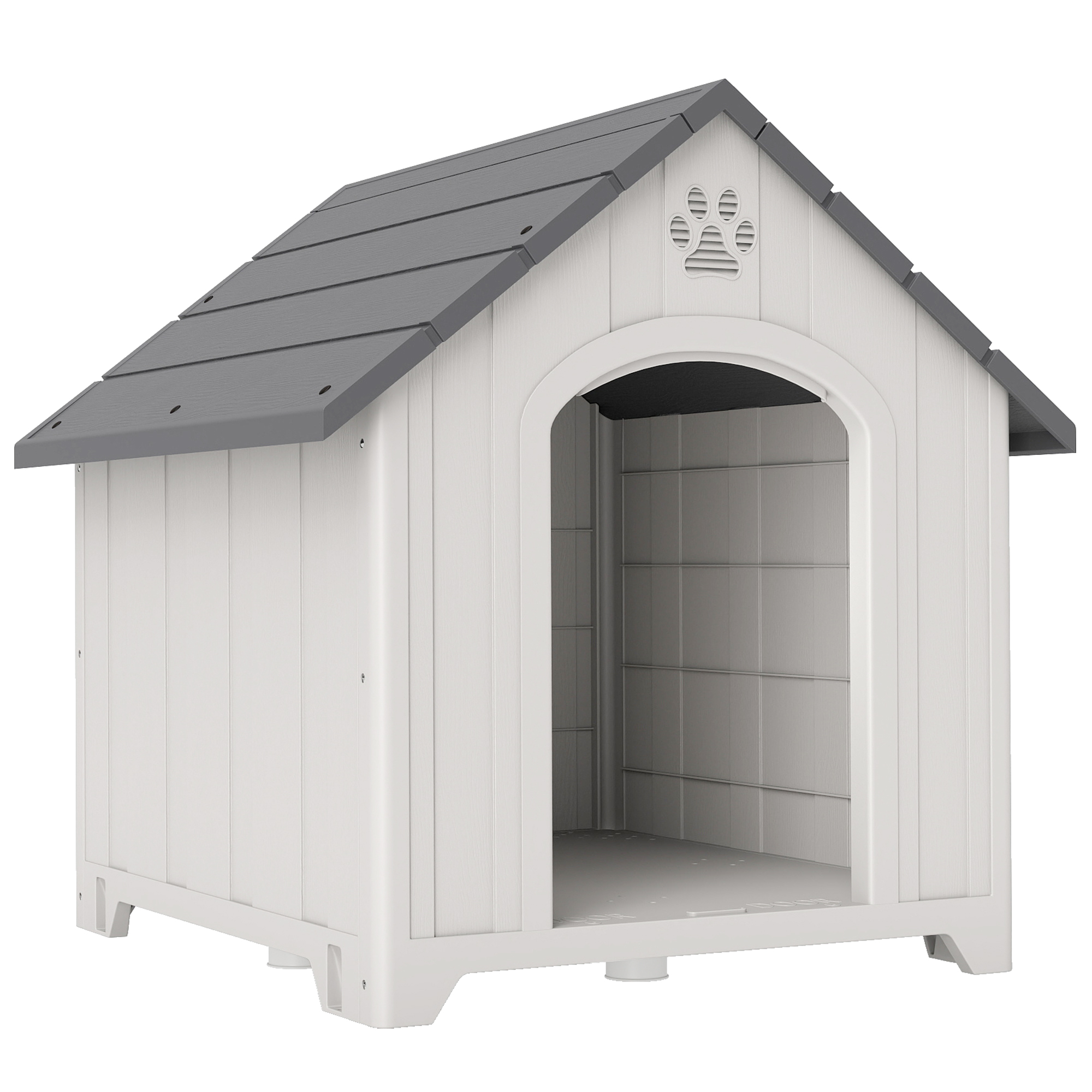 PawHut Caseta para Perros Exterior Casa para Perros Grandes de Plástico con 2 Ventanas Base Elevada Estacas Gris