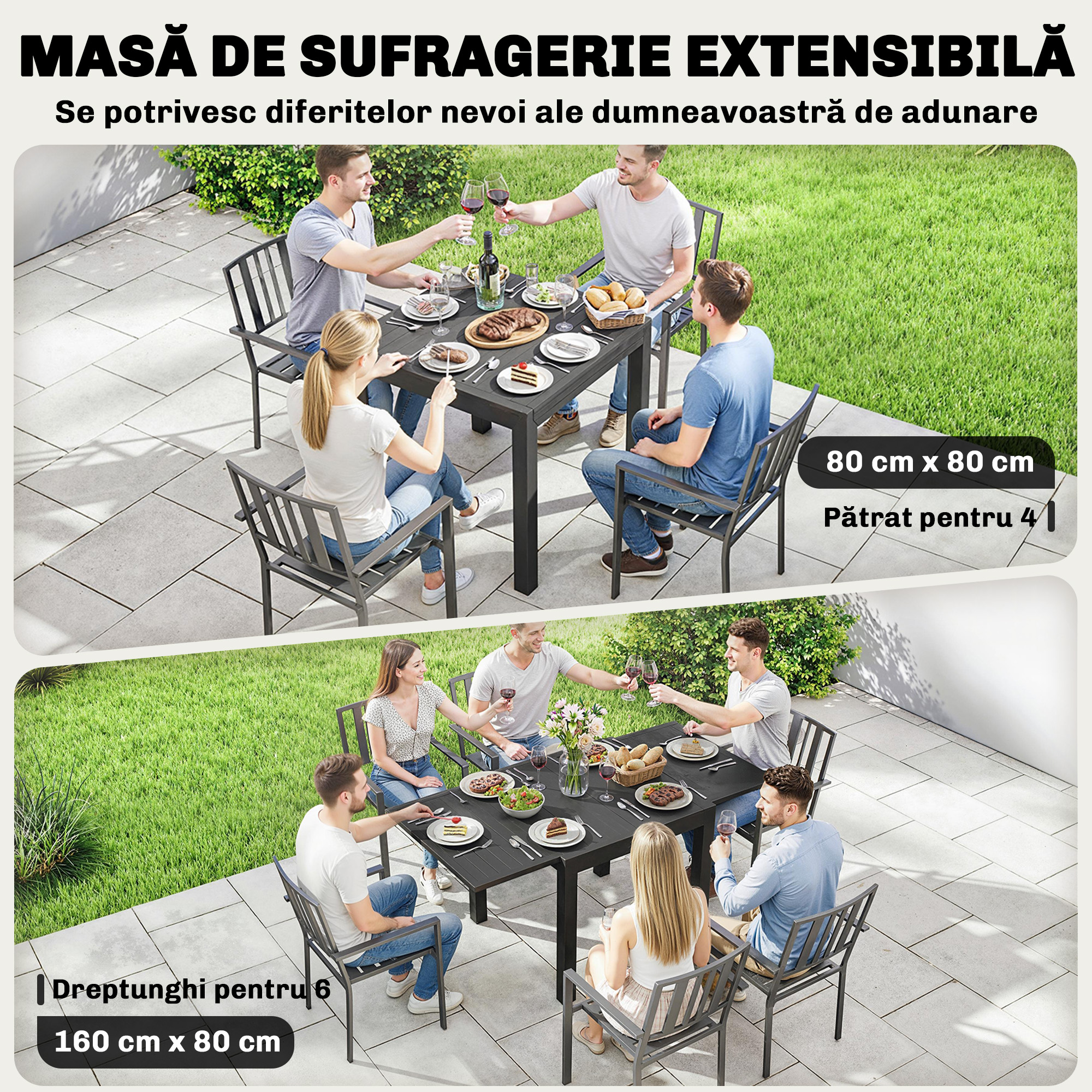  Masa de Gradina Extensibila pentru 4-6 Persoane 80/160x80 cm, Masa de Pranz pentru Exterior din Aluminiu cu Blat Lamelar, pentru Terasa, Balcon, Negru [3]