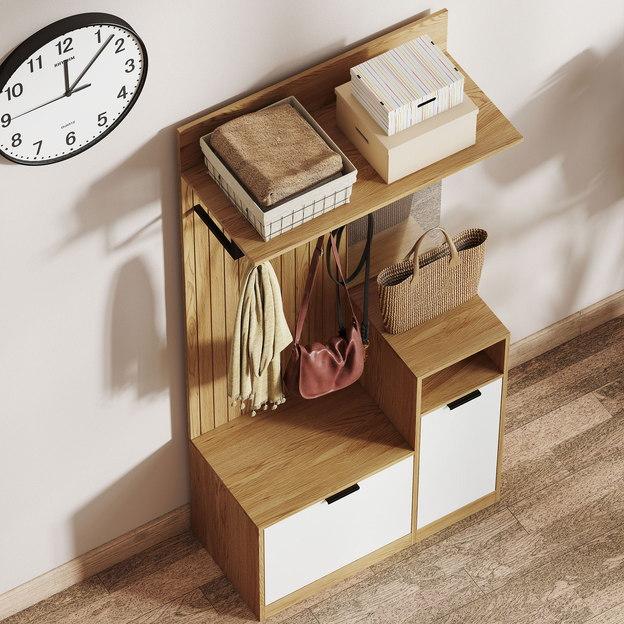  Cuier de Hol cu Bara, 4 Carlige, Banca si Spatiu pentru incaltaminte, Dulap din MDF si Metal, Picioare din Lemn de Cauciuc, Stejar si Alb [8]