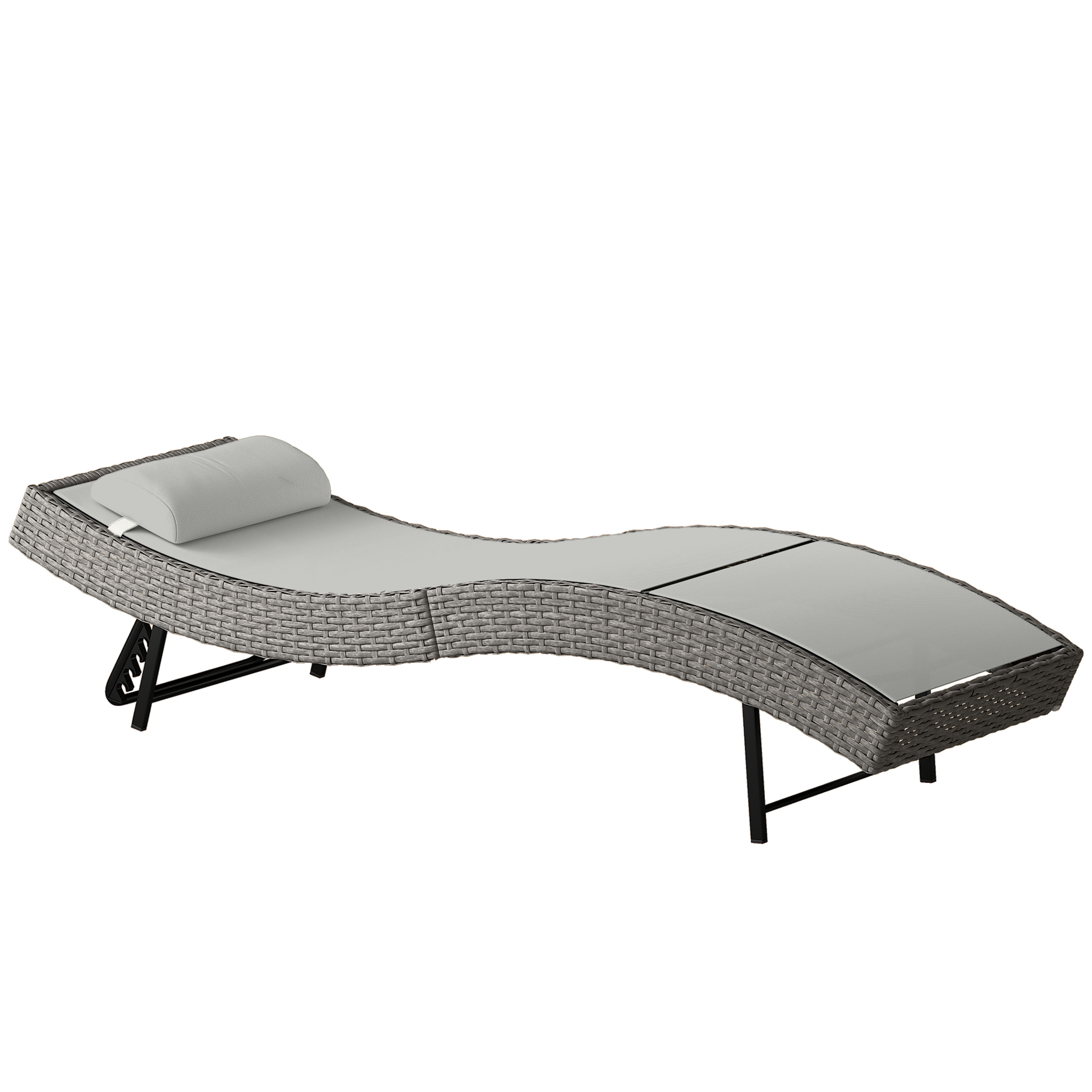 Outsunny Chaise longue en résine tressé, bain de soleil avec dossier réglable 5 positions et appui-tête, 198 x 61 x 44 cm, gris