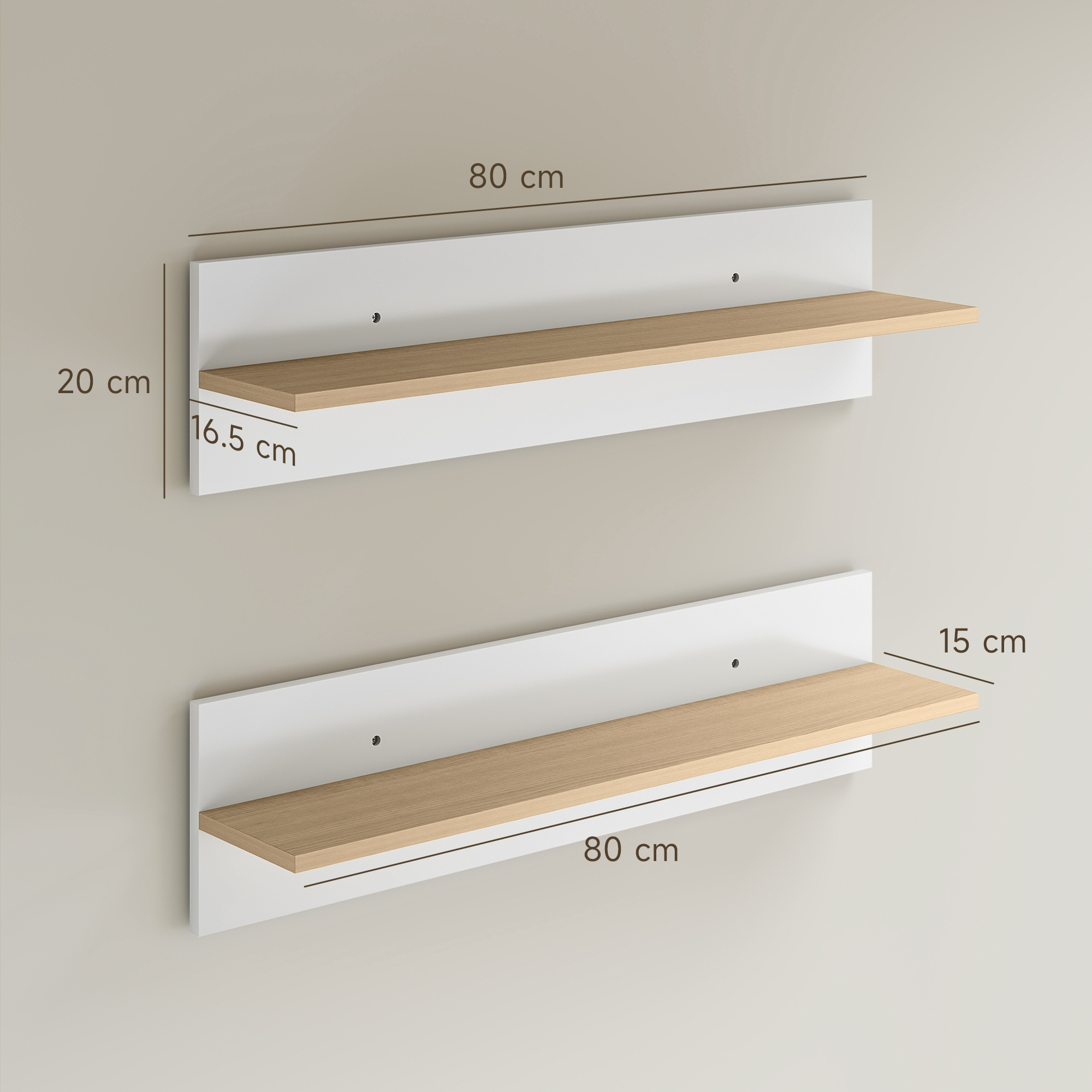  Set 2 Rafturi de Perete pentru Casa si Birou, Rafturi din Lemn pentru Bucatarie si Living, 80x16.5x20 cm, Alb si Lemn Natural [2]
