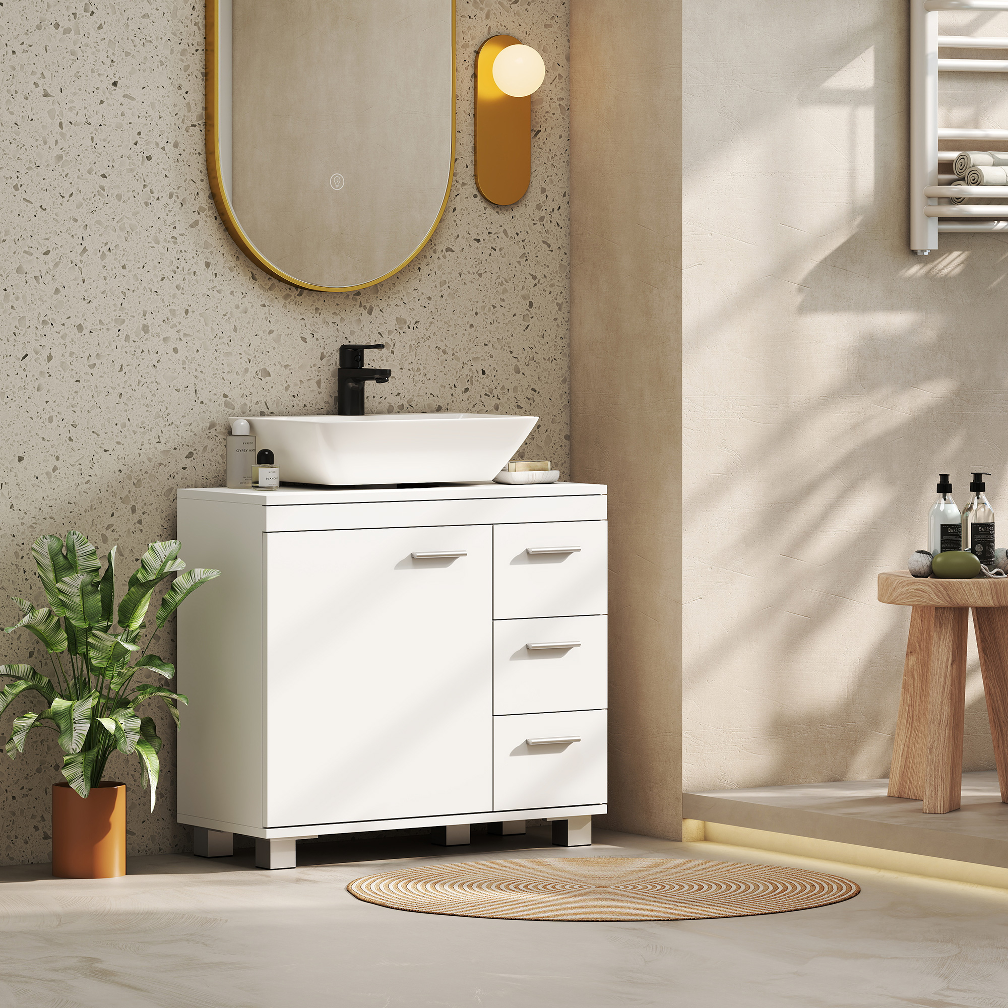  Dulap Sub Lavoar pentru Baie cu Usa Amortizata si 3 Sertare, Decupaj in Forma de U si Rafturi, Dulap Modern si Compact pentru Lavoare cu Piedestal sau Fara, Alb [7]