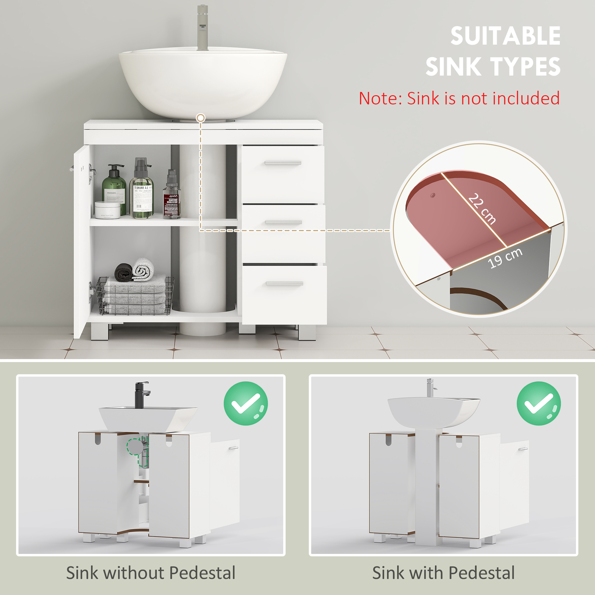  Dulap Sub Lavoar pentru Baie cu Usa Amortizata si 3 Sertare, Decupaj in Forma de U si Rafturi, Dulap Modern si Compact pentru Lavoare cu Piedestal sau Fara, Alb [3]