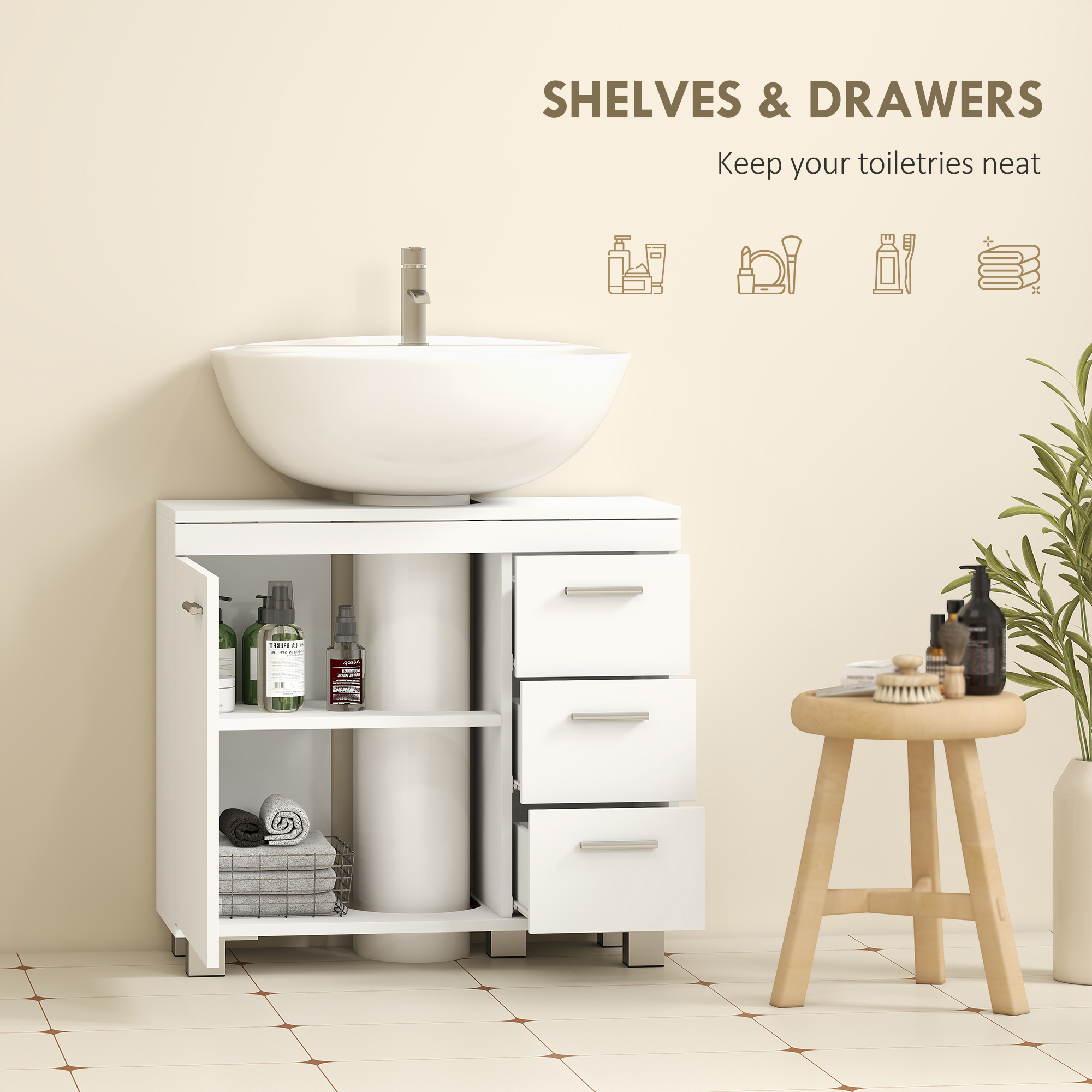  Dulap Sub Lavoar pentru Baie cu Usa Amortizata si 3 Sertare, Decupaj in Forma de U si Rafturi, Dulap Modern si Compact pentru Lavoare cu Piedestal sau Fara, Alb [4]