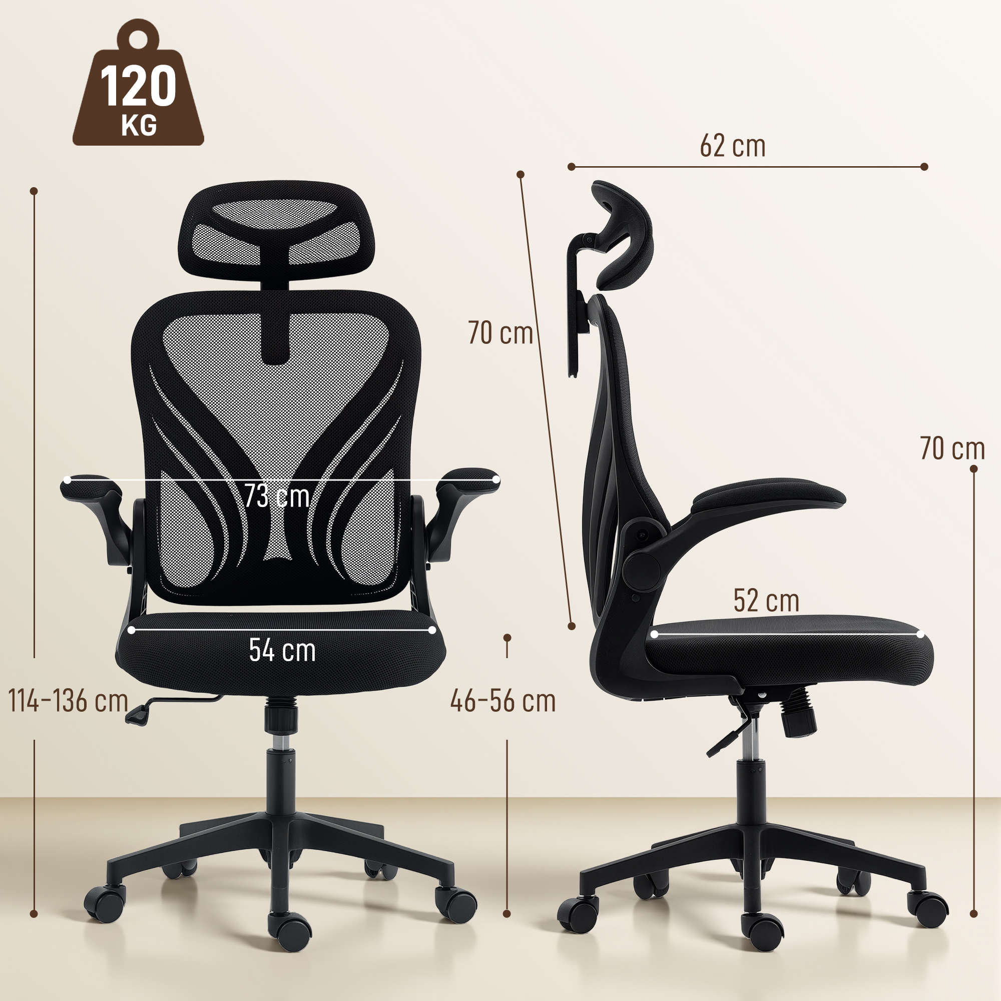 Sedia Da Ufficio Ergonomica In Mesh | Supporto Lombare Regolabile E Braccioli Ribaltabili – Carico 136 Kg