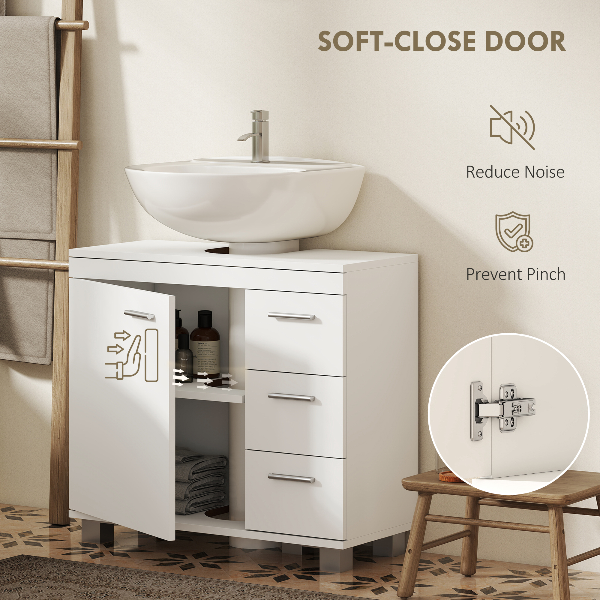  Dulap Sub Lavoar pentru Baie cu Usa Amortizata si 3 Sertare, Decupaj in Forma de U si Rafturi, Dulap Modern si Compact pentru Lavoare cu Piedestal sau Fara, Alb [5]