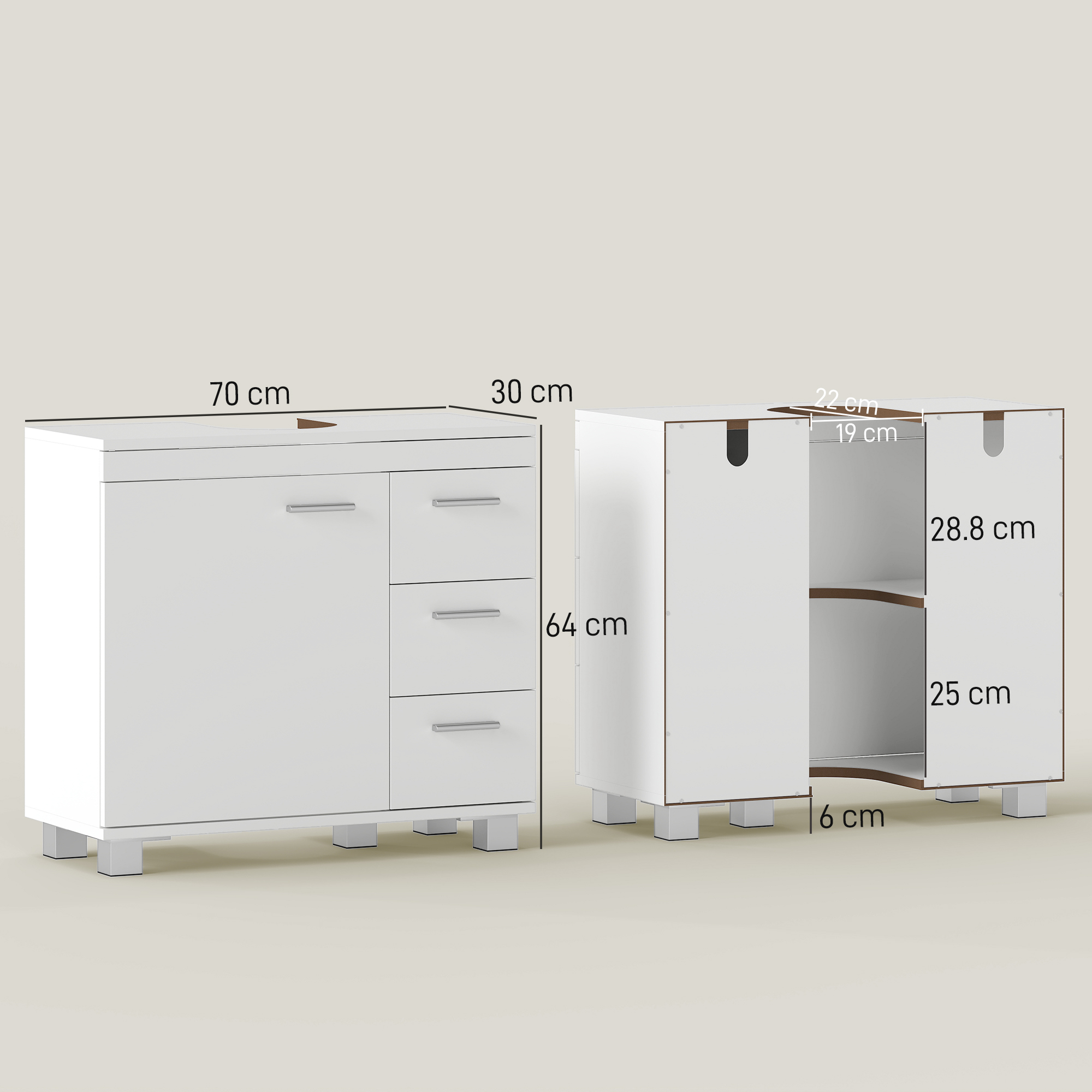  Dulap Sub Lavoar pentru Baie cu Usa Amortizata si 3 Sertare, Decupaj in Forma de U si Rafturi, Dulap Modern si Compact pentru Lavoare cu Piedestal sau Fara, Alb [2]